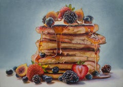 Photorealist Still Life with Pancakes, "Big Stack with Fruit", oil on panel