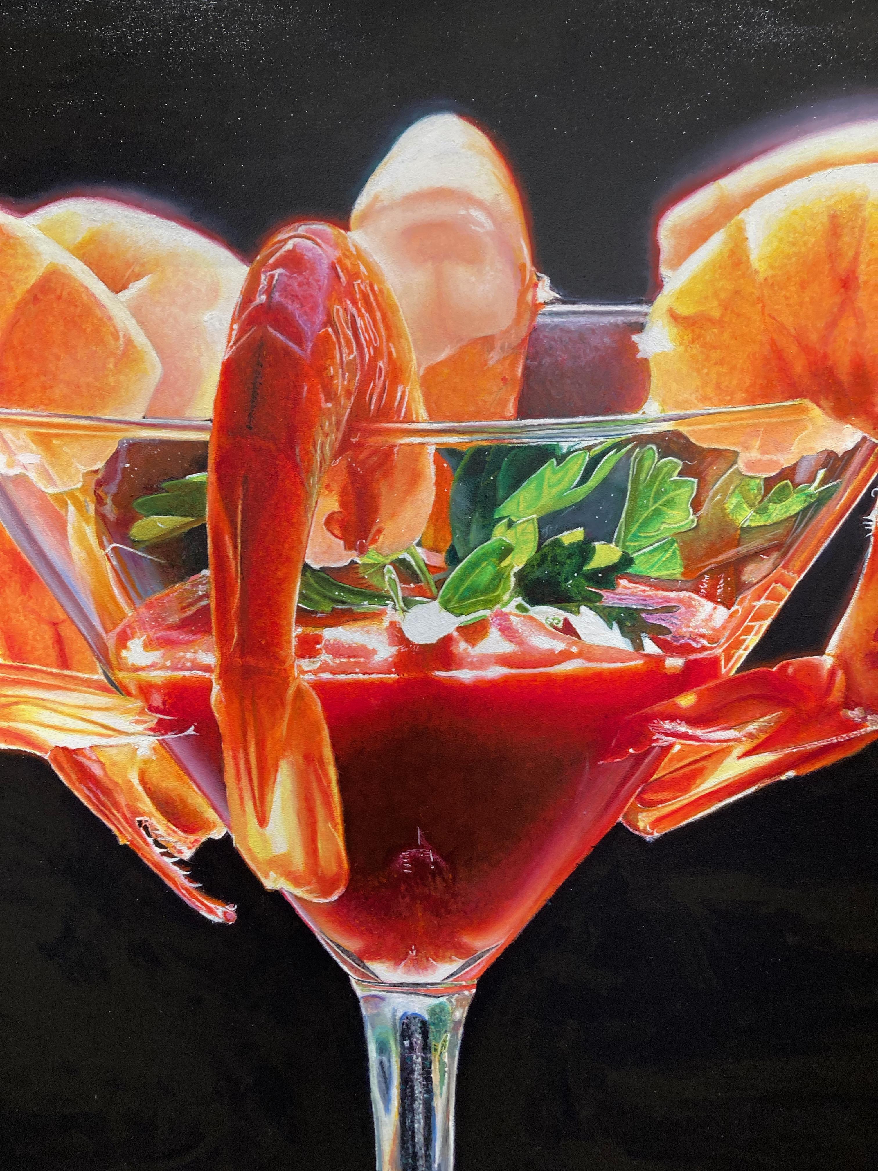 „Shrimp-Cocktail auf Schwarz“  Fotorealistische ptg, helles Licht, orange/gelb, grün im Angebot 6
