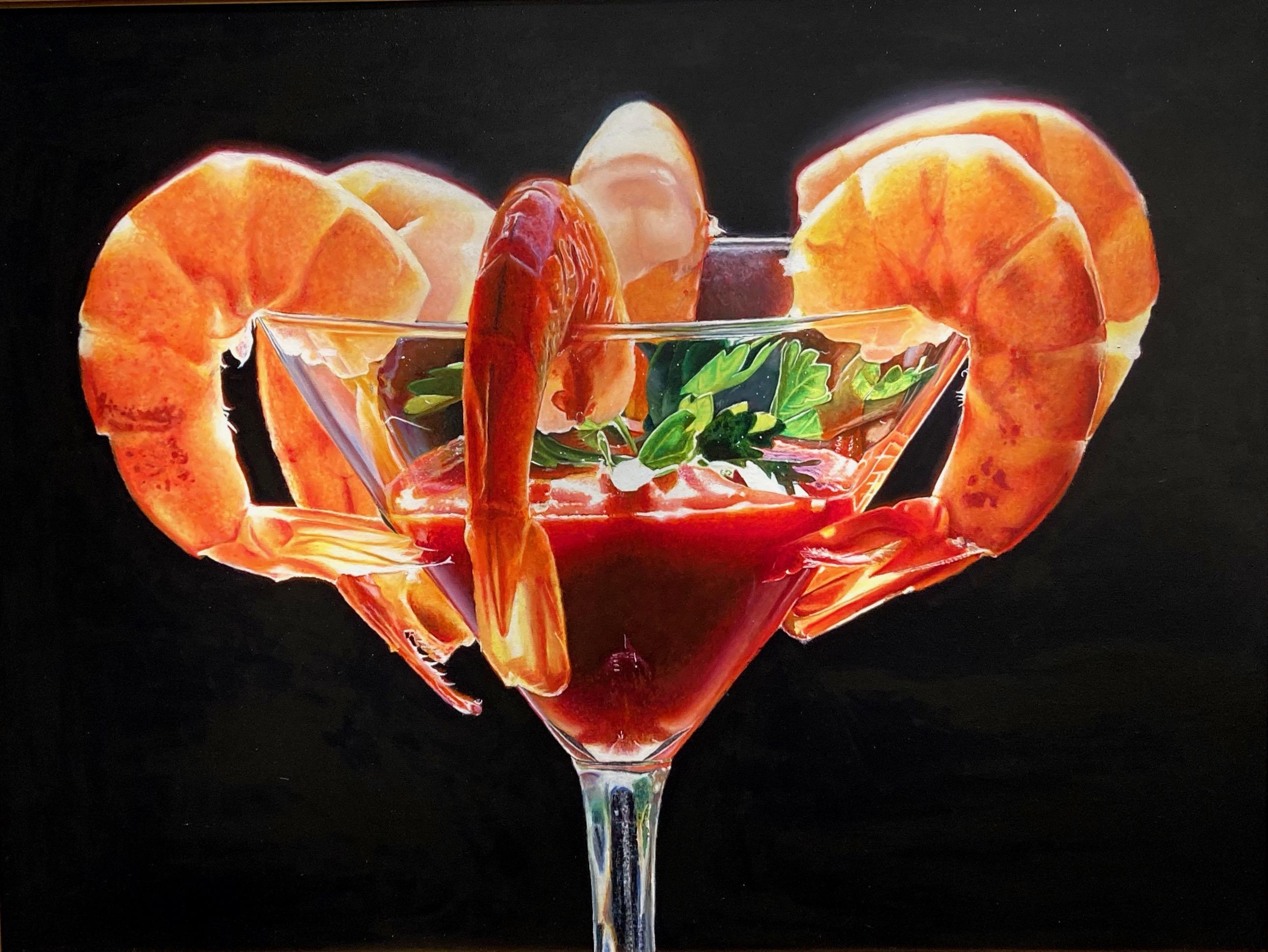 „Shrimp-Cocktail auf Schwarz“  Fotorealistische ptg, helles Licht, orange/gelb, grün im Angebot 8