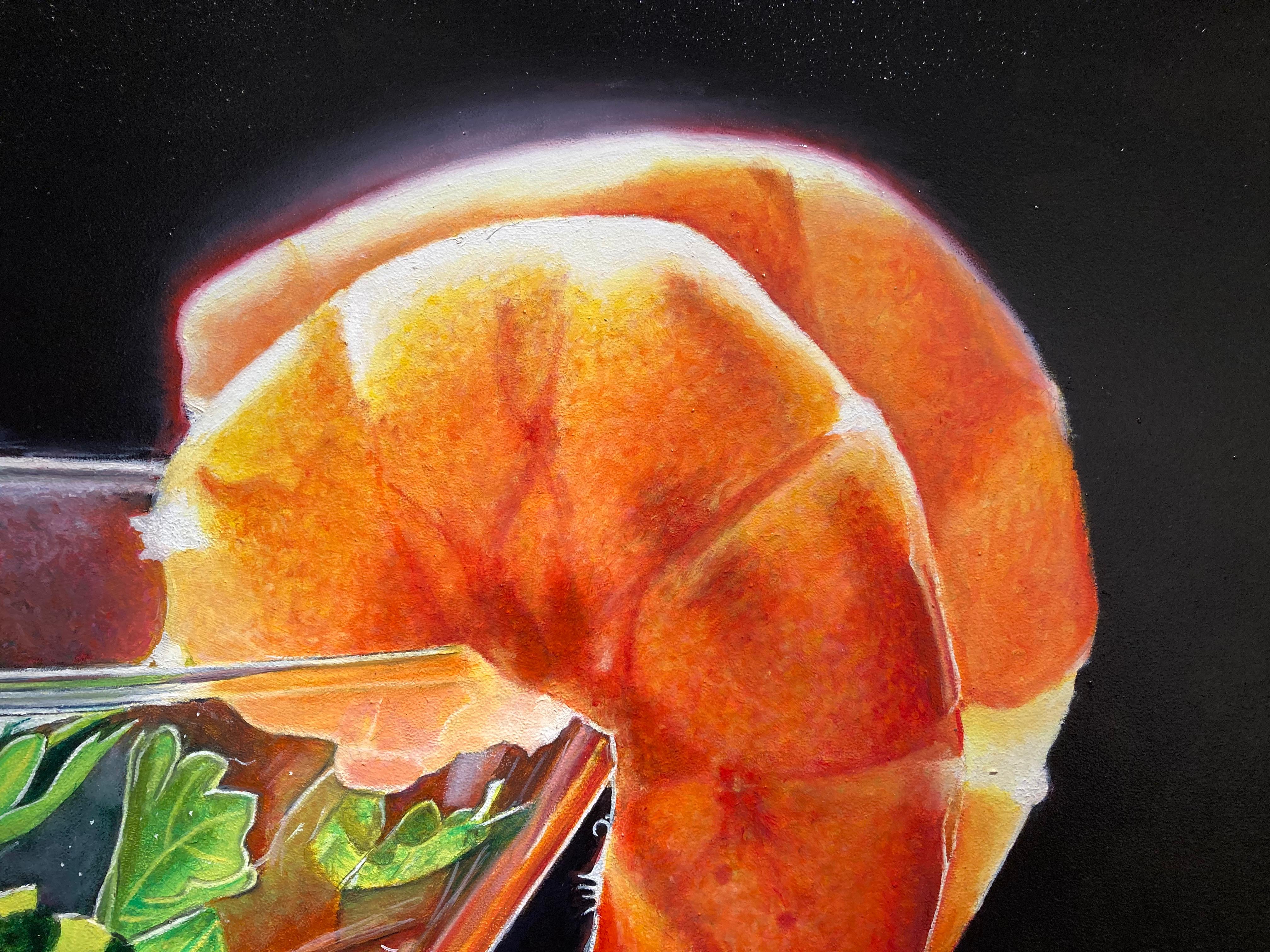 „Shrimp-Cocktail auf Schwarz“  Fotorealistische ptg, helles Licht, orange/gelb, grün 3