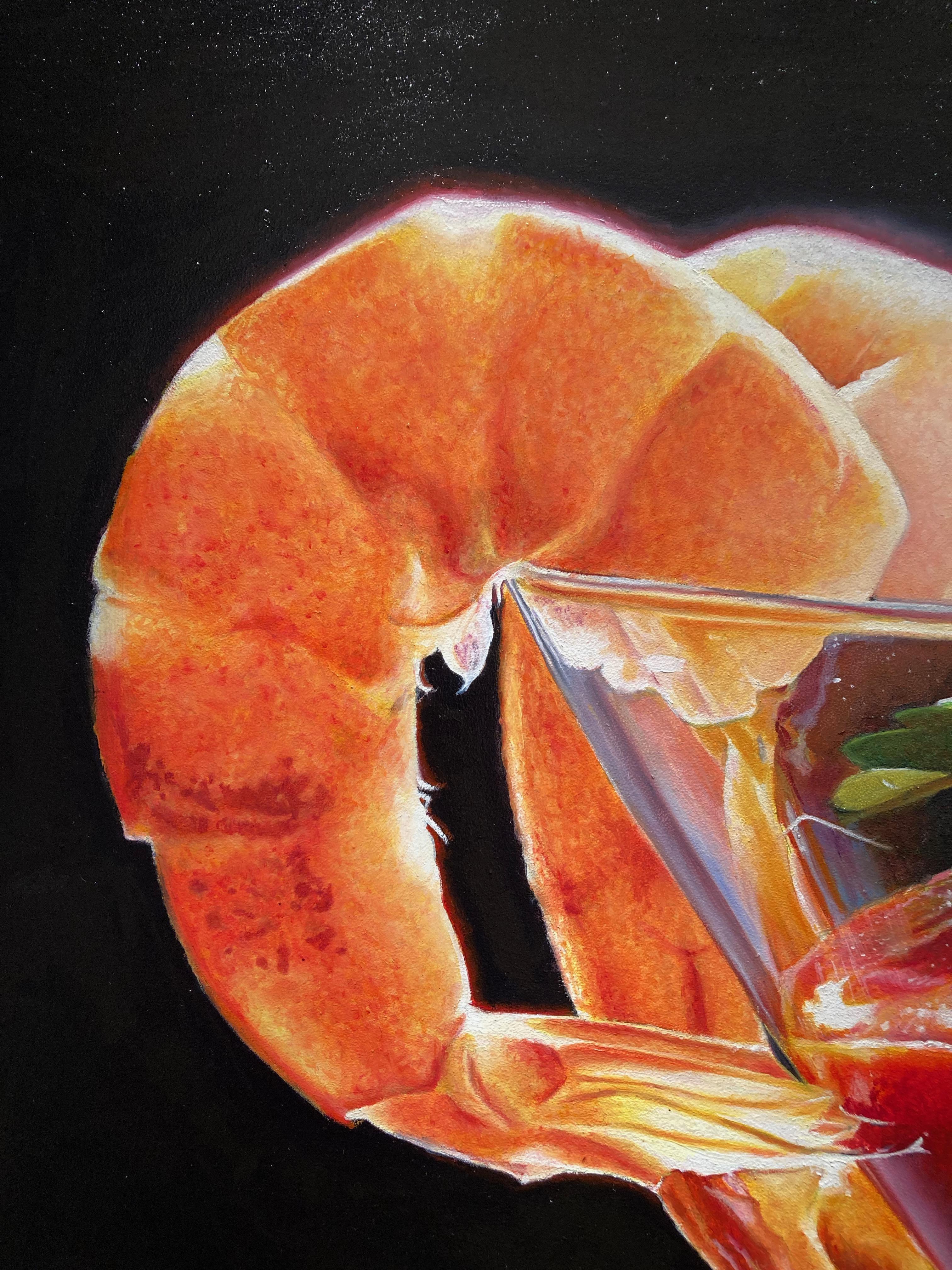 „Shrimp-Cocktail auf Schwarz“  Fotorealistische ptg, helles Licht, orange/gelb, grün im Angebot 4