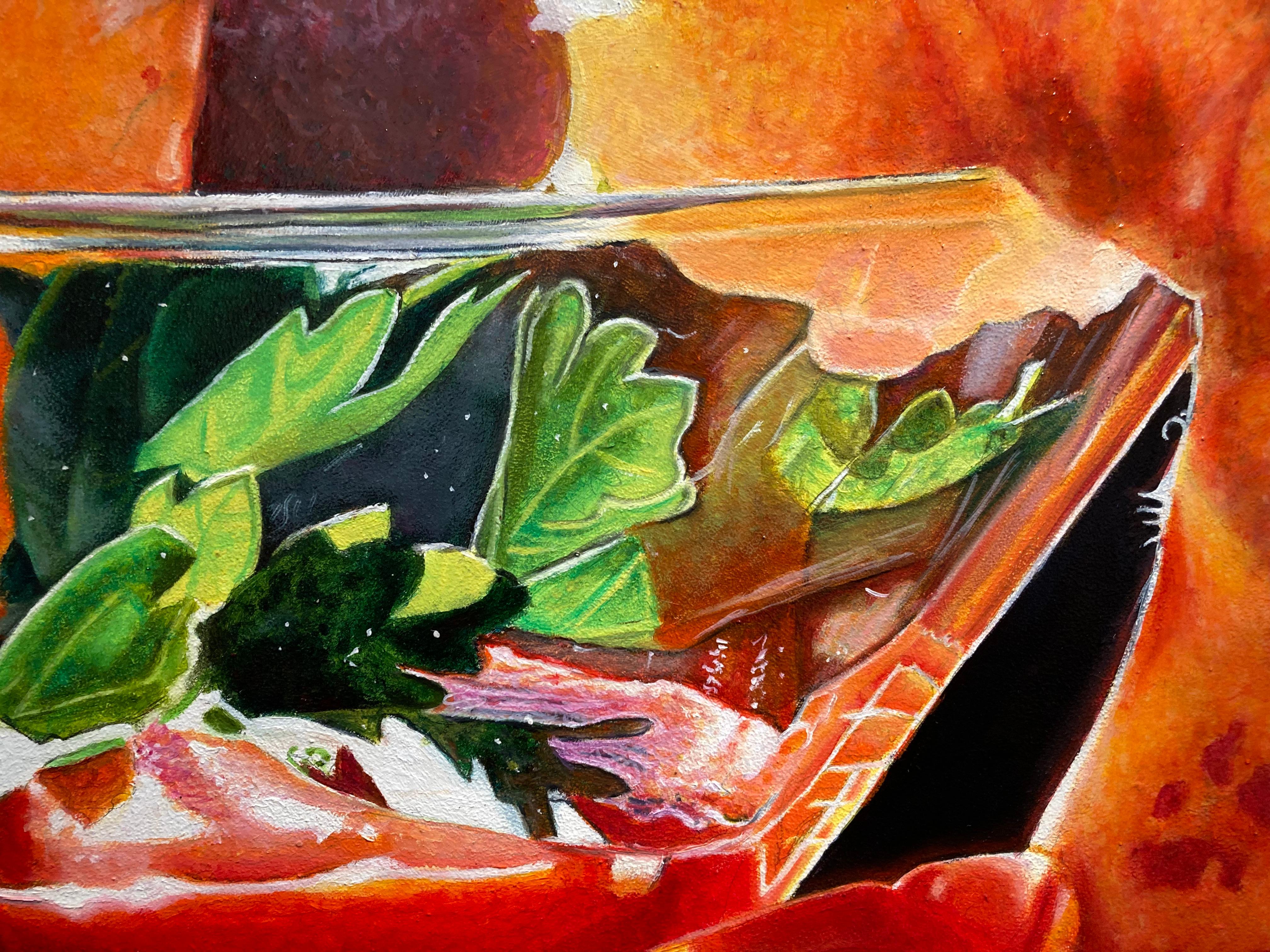 „Shrimp-Cocktail auf Schwarz“  Fotorealistische ptg, helles Licht, orange/gelb, grün im Angebot 5