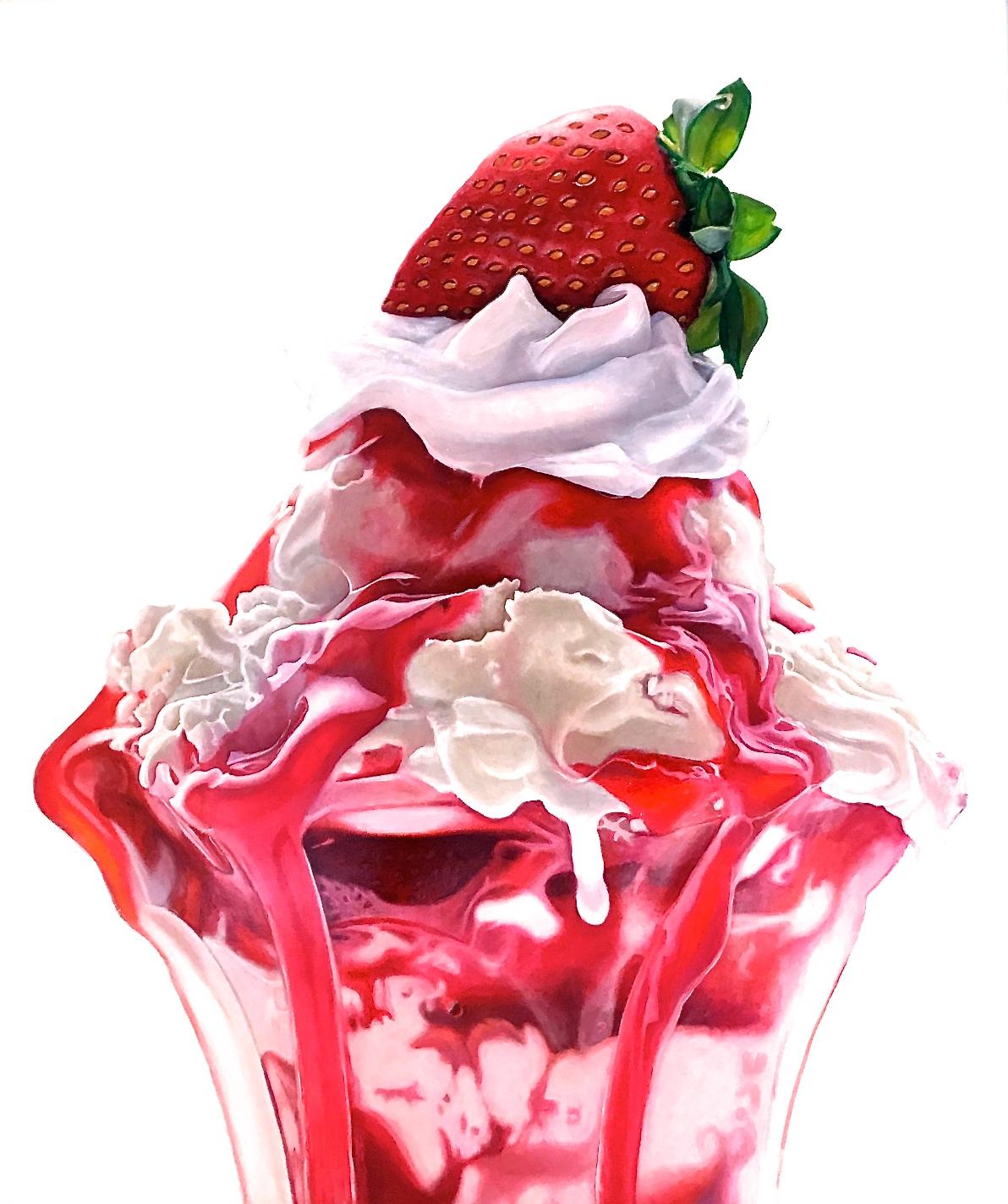 Mary Ellen Johnson Figurative Painting - "Strawberry Sundae"  Delicious Photo Realism of Vanilla Cream & Whipped Cream  