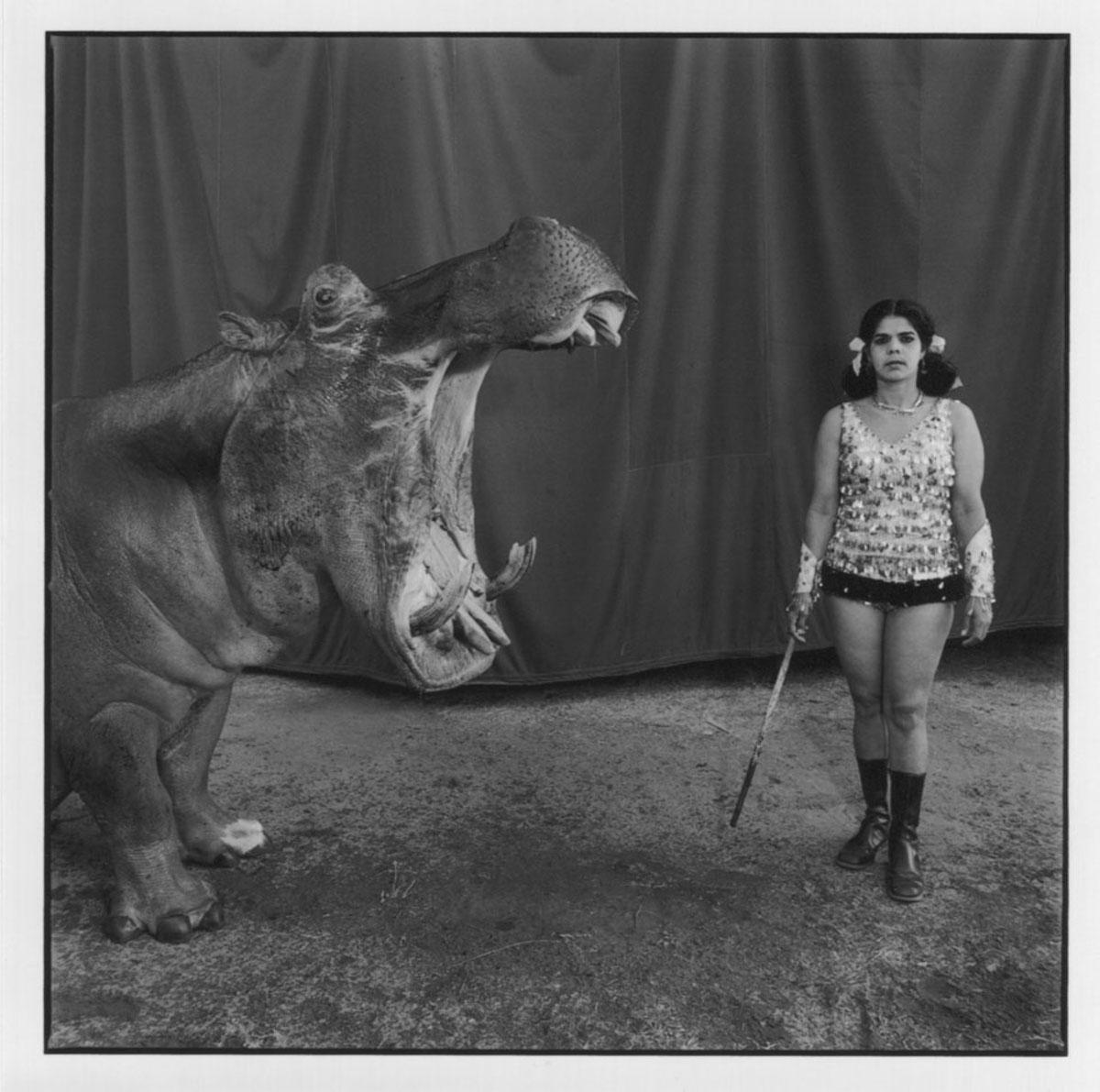 Mary Ellen Mark Portrait Photograph - Hippopotamus and Performer, Great Rayman Circus, Madras, India