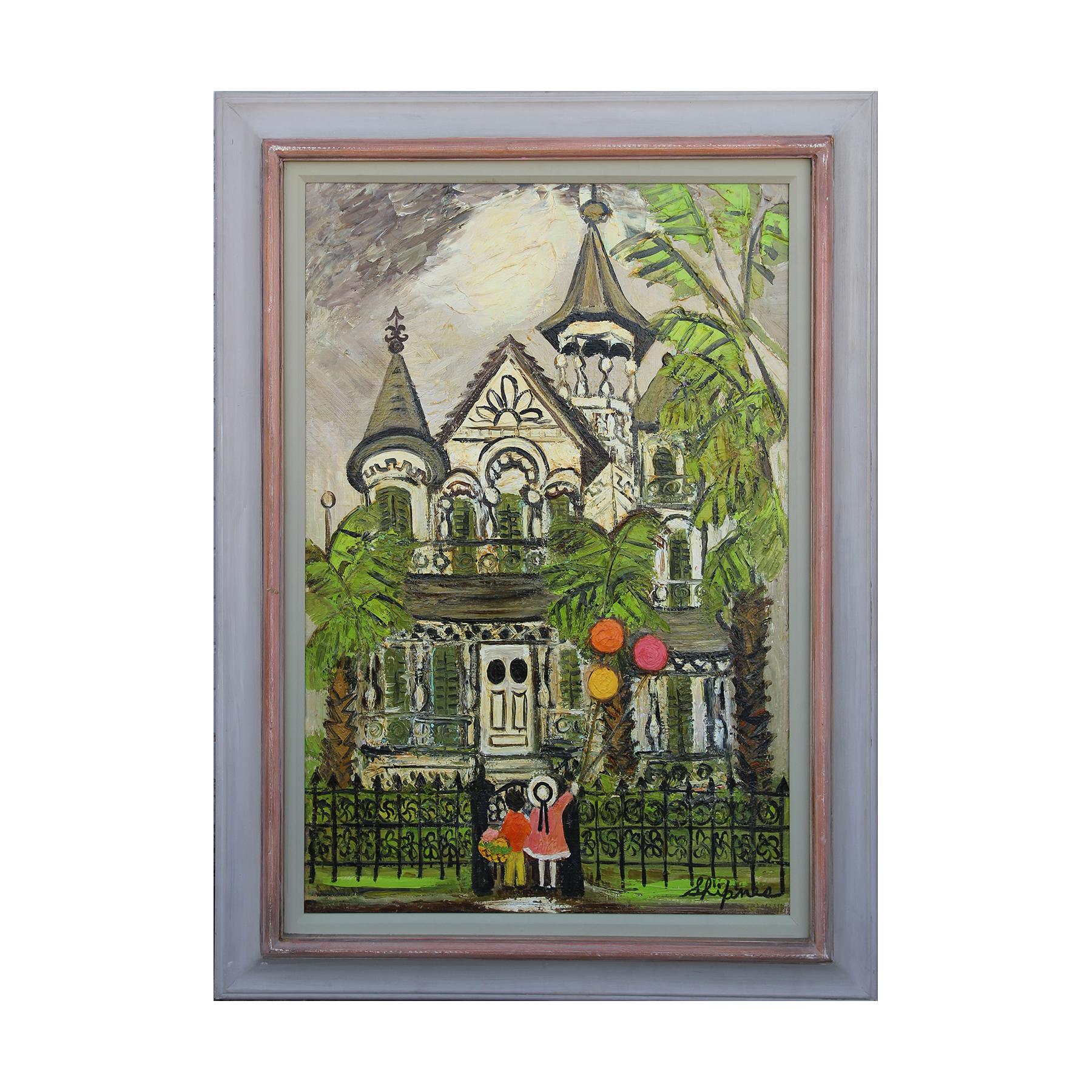 Mary Ellen Shipnes Landscape Painting - "Granny's House" Folk Art Painting of a Victorian House with Children & Balloons