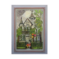 Vintage "Granny's House" Folk Art Painting of a Victorian House with Children & Balloons