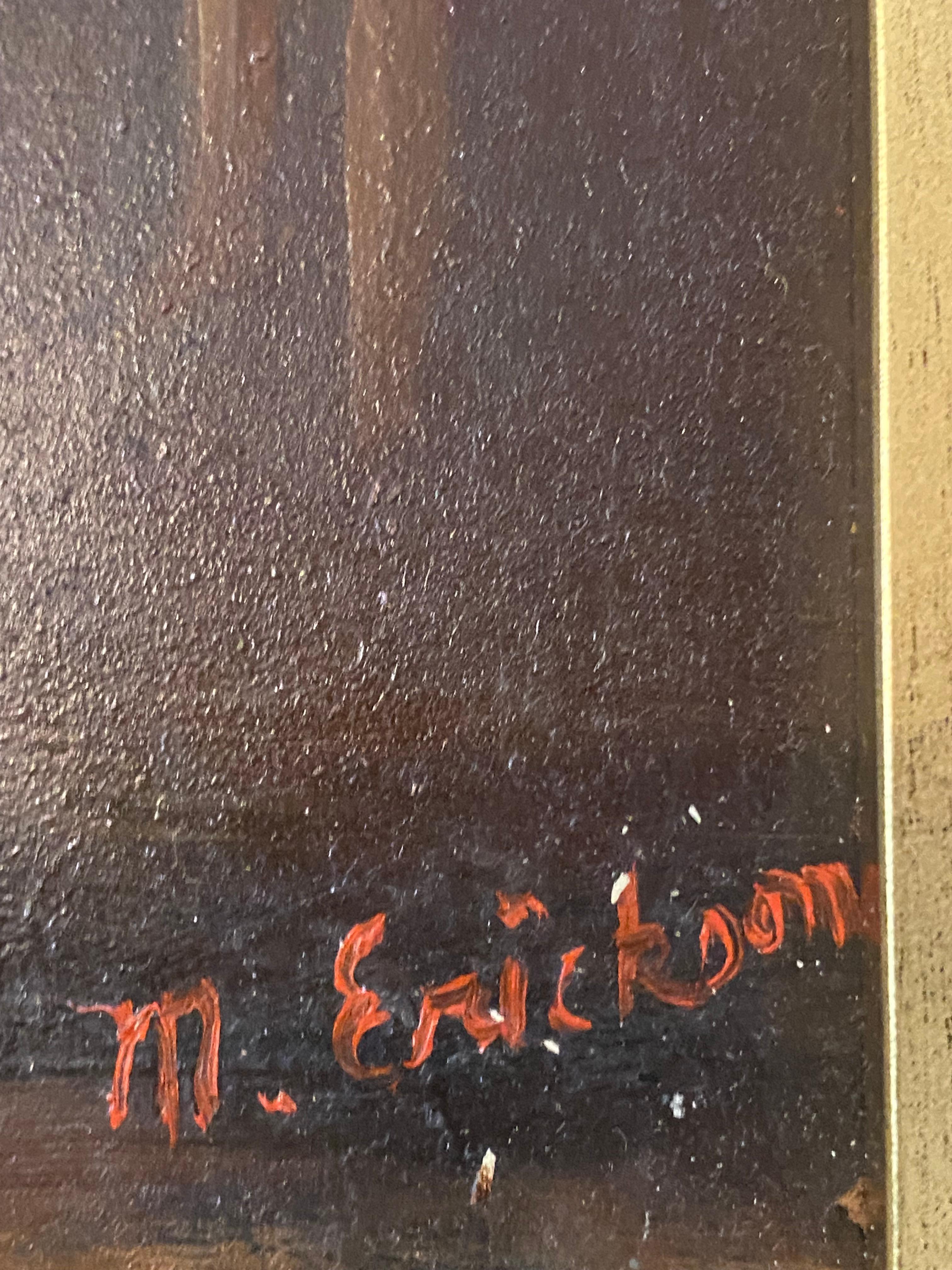 Questo ritratto ad olio in miniatura di M. Erikson si erge con verticalità, come un frammento di vita staccato dal mondo. Una bambina sta in piedi, ma la sua postura è tutt'altro che rigida: suggerisce un'attesa, un equilibrio incerto tra essere e