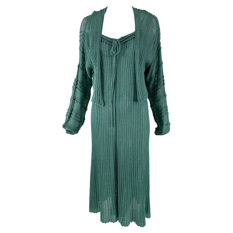 Mary Farrin London Aqua Cotton Crochet Slip Dress & Dolman Sleeve Sweater 1970s