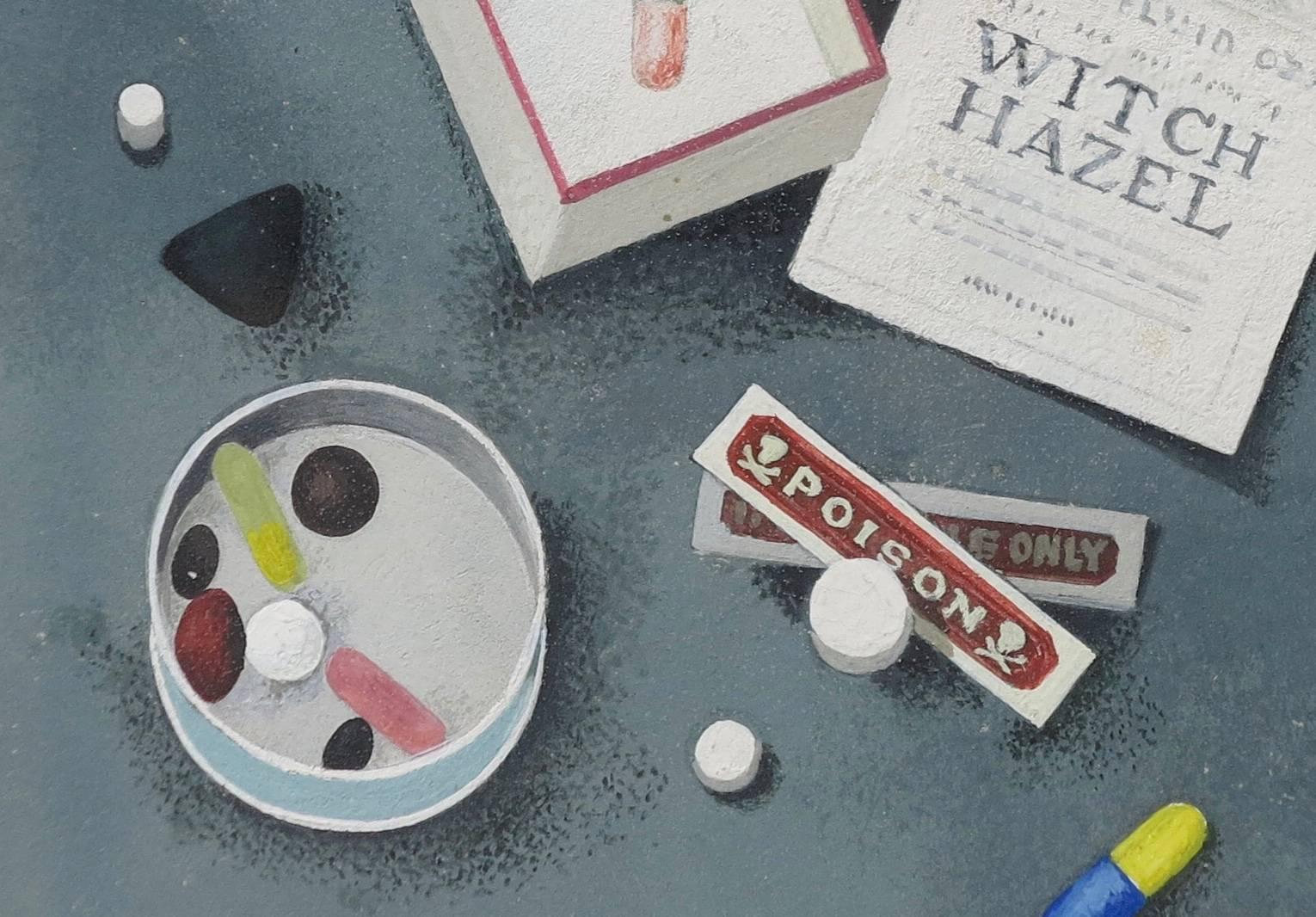 Pills & Labels, 1960 - Painting by Mary Faulconer