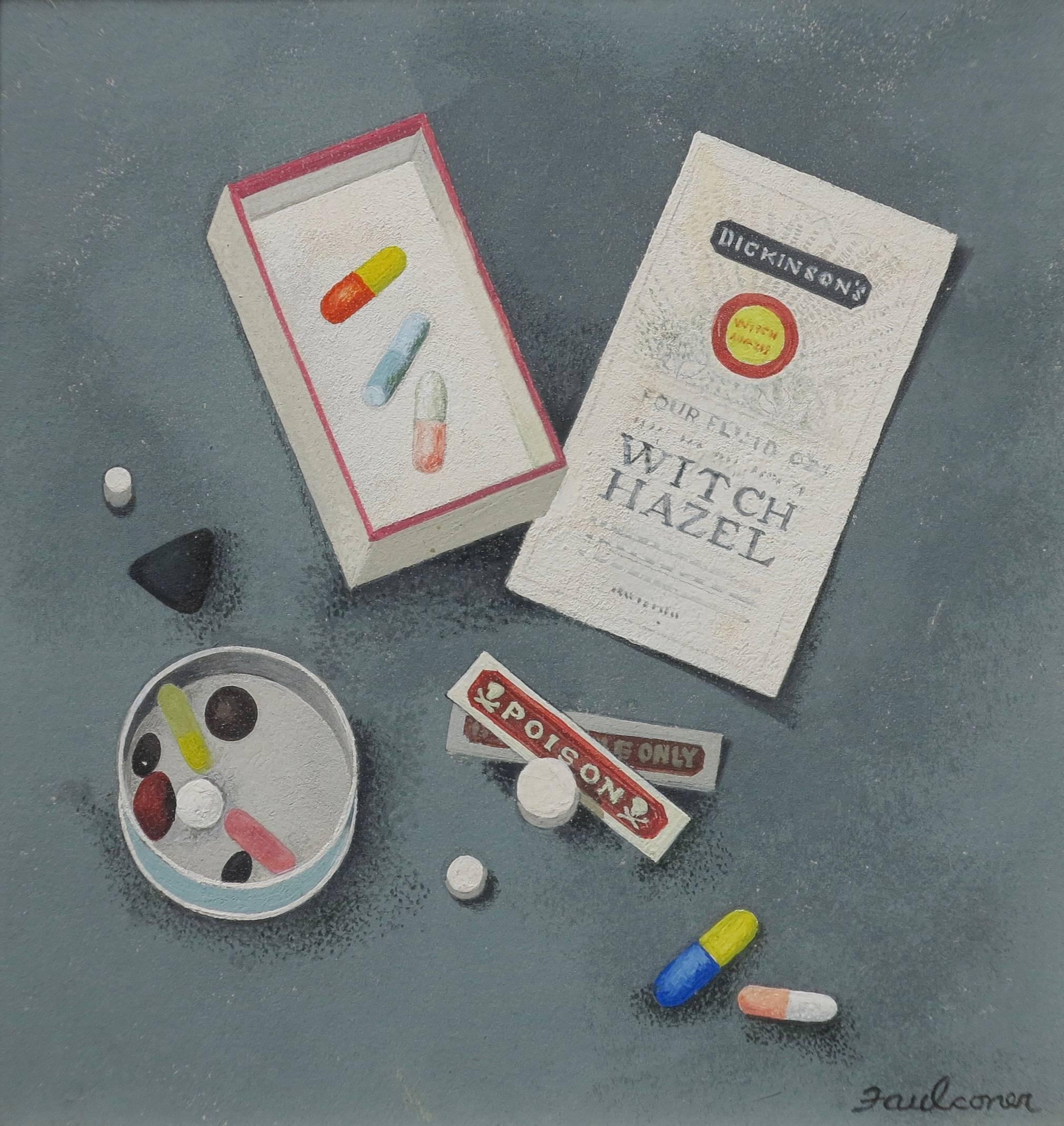 Mary Faulconer Still-Life Painting - Pills & Labels, 1960