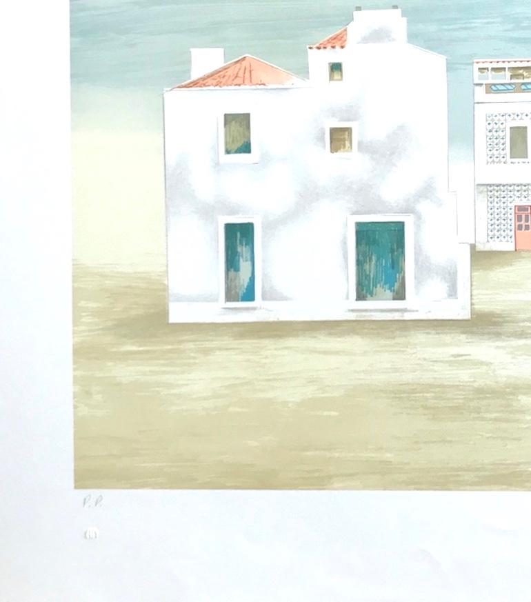 PAISAJE DE ALGARVE es una litografía original dibujada a mano por la artista estadounidense Mary Faulconer, impresa con técnicas litográficas tradicionales en papel de archivo 100% libre de ácido. PAISAJE ALGARVE representa una interpretación