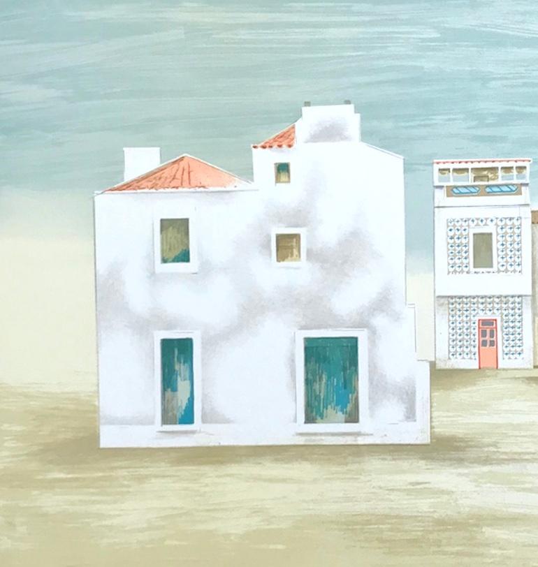 PAISAJE DE ALGARVE Litografía firmada, Casas blancas minimalistas, azul, beige, gris - Print Contemporáneo de Mary Faulconer
