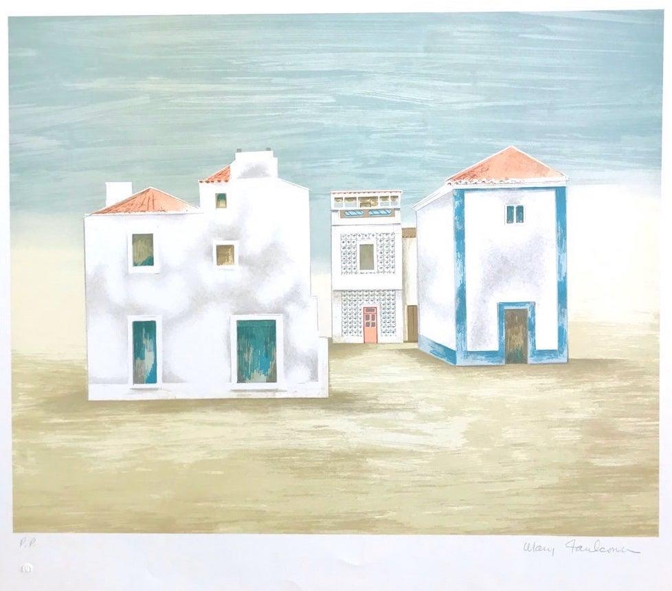 PAISAJE DE ALGARVE Litografía firmada, Casas blancas minimalistas, azul, beige, gris en venta 2
