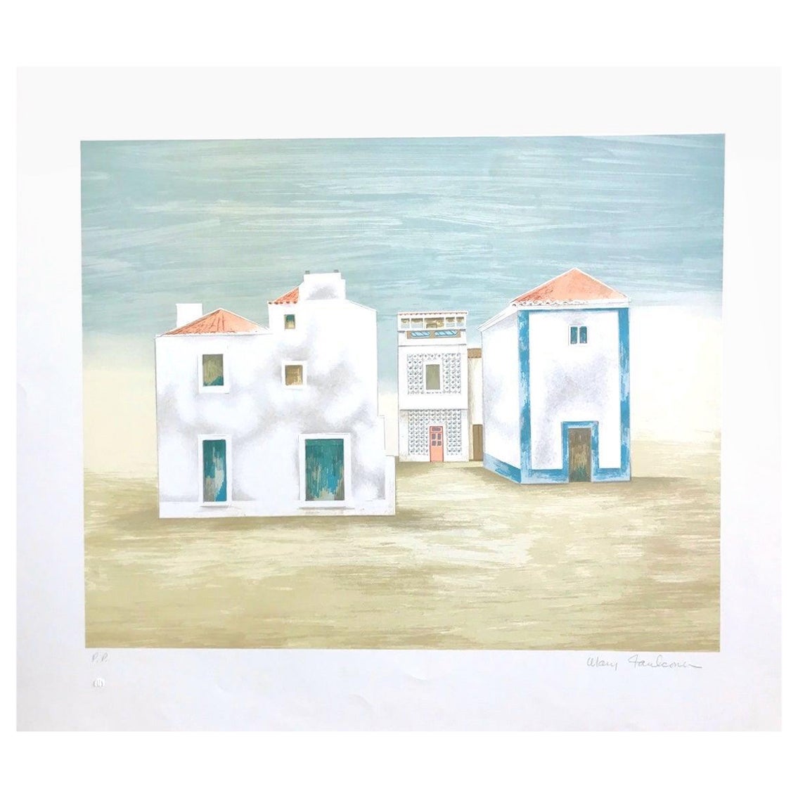 Mary Faulconer Print – ALGARVE LANDSCAPE Signierte Lithographie, Minimalistische Weiße Häuser, Blau, Beige, Grau