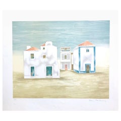 ALGARVE LANDSCAPE Signierte Lithographie, Minimalistische Weiße Häuser, Blau, Beige, Grau