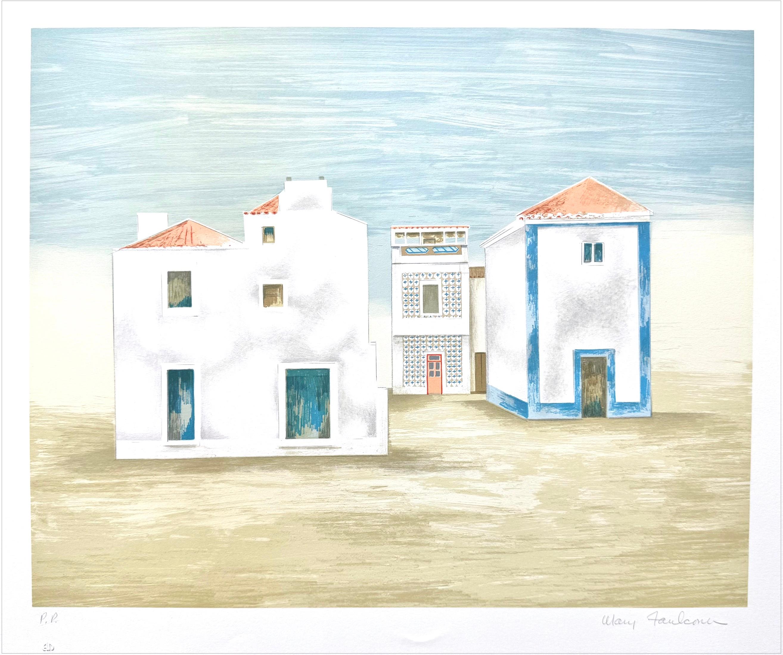 Lithographie signée ALGARVE LANDSCAPE, Maisons blanches minimalistes, bleu, beige, gris