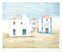 Lithographie signée ALGARVE LANDSCAPE, Maisons blanches minimalistes, bleu, beige, gris