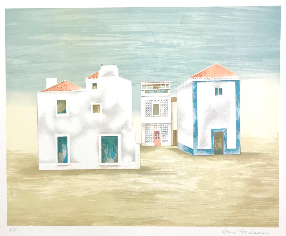 ALGARVE LANDSCAPE Signed Lithograph, Minimalist White Houses, Blue, Beige, Gray - Print by Mary Faulconer