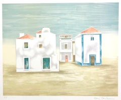 ALGARVE LANDSCAPE Signed Lithograph, Minimalist White Houses, Blue, Beige, Gray