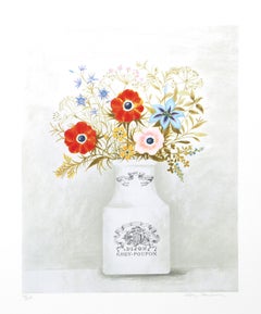 Vintage Anenomes, Folk Art Lithograph by Mary Faulconer