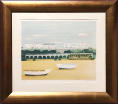 Vintage Beach at Brighton, Folk Art Lithograph by Mary Faulconer