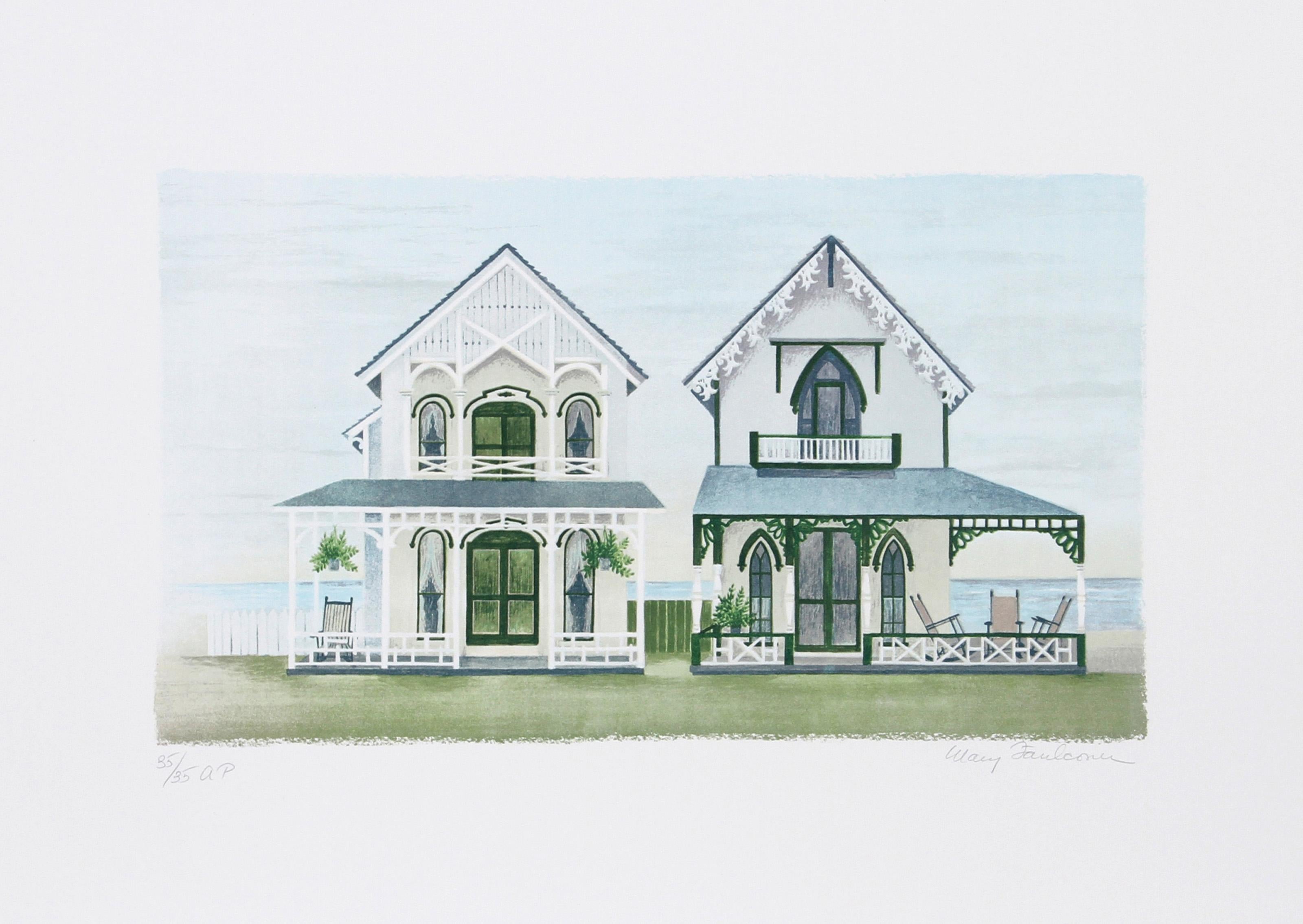Mary Faulconer, estadounidense (1912 - 2011) - Ciudad de Cottage, Año:  hacia 1980, Medio:  Litografía, firmada y numerada a lápiz, Edición:  250, AP 35, Tamaño de la imagen:  10 x 17 pulgadas, Tamaño:  57,15 cm x 76,2 cm, Descripción: 