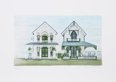 Vintage Cottage City, Folk Art Lithograph by Mary Faulconer