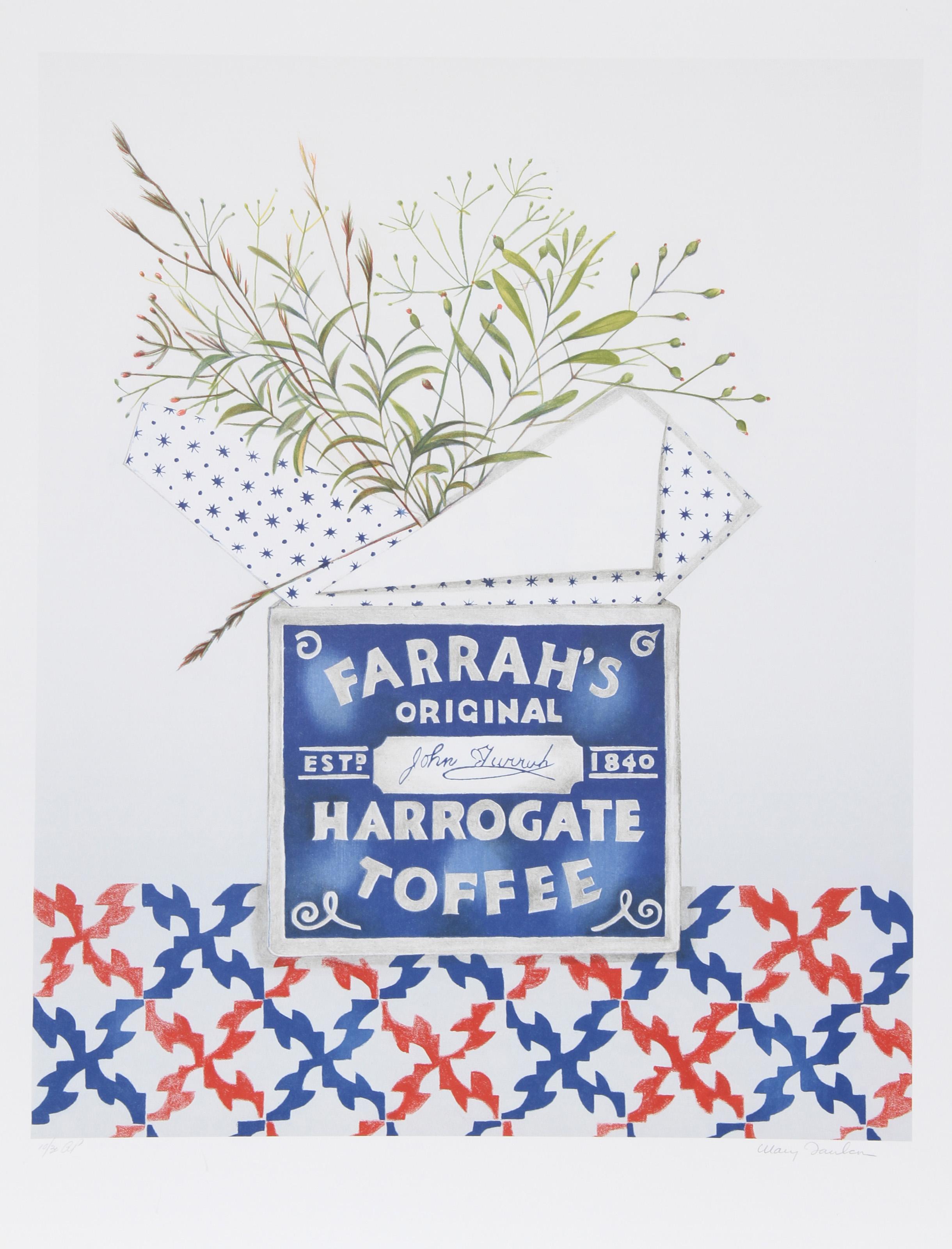 Mary Faulconer, estadounidense (1912 - 2011) - Farrah's Original Harrogate Toffee, Año:  circa 1981, Medio:  Litografía, firmada y numerada a lápiz, Edición:  250, Tamaño de la imagen:  26 x 21 pulgadas, Tamaño:  76,2 cm x 58,42 cm, Descripción:  La