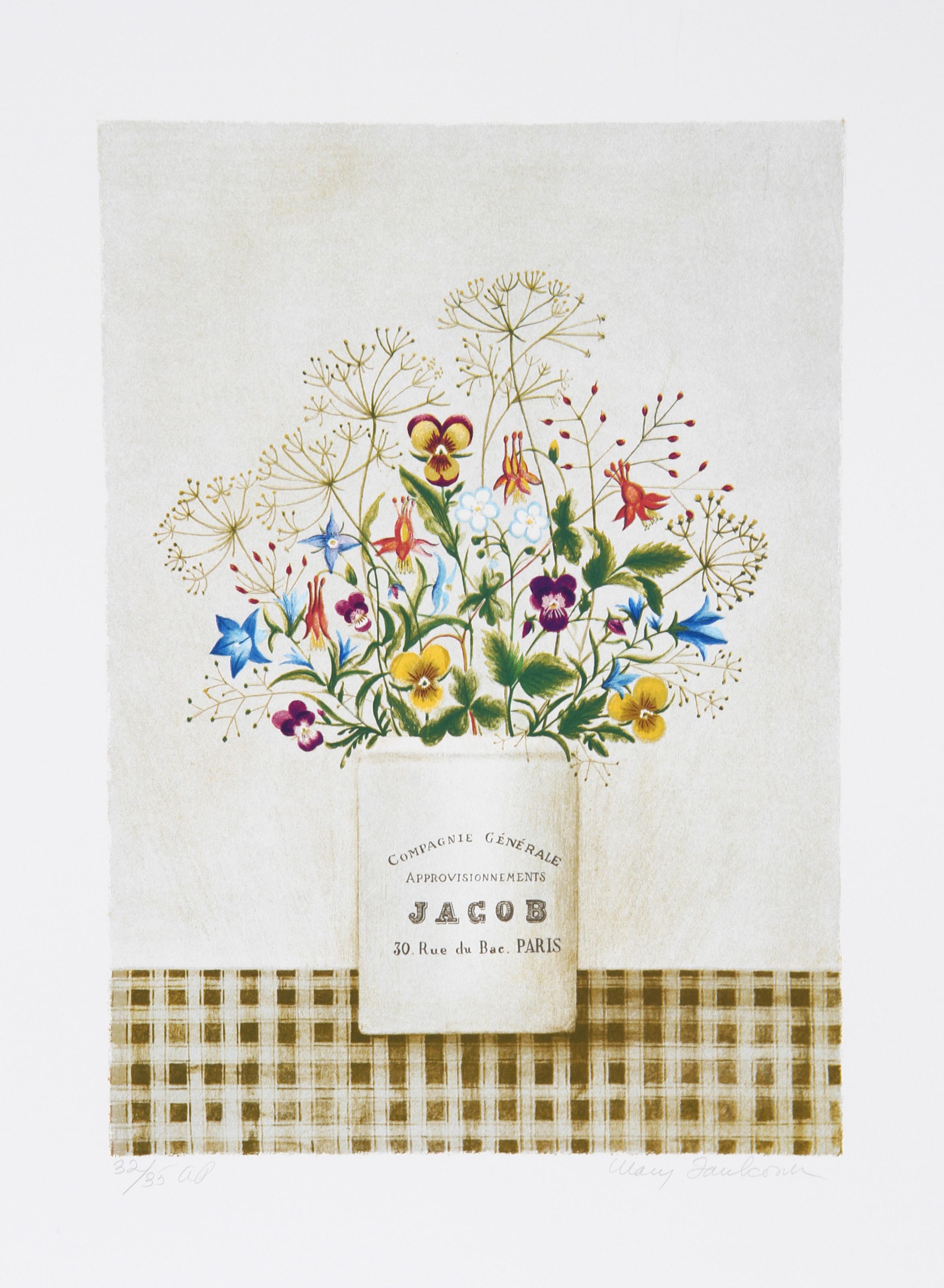 Mary Faulconer, estadounidense (1912 - 2011) - Flores Rue Jacob, Año:  hacia 1980, Medio:  Litografía, firmada y numerada a lápiz, Edición:  250, AP 35, Tamaño de la imagen:  16,5 x 11,5 pulgadas, Tamaño:  30 pulg. x 22,5 pulg. (76,2 cm x 57,15 cm),