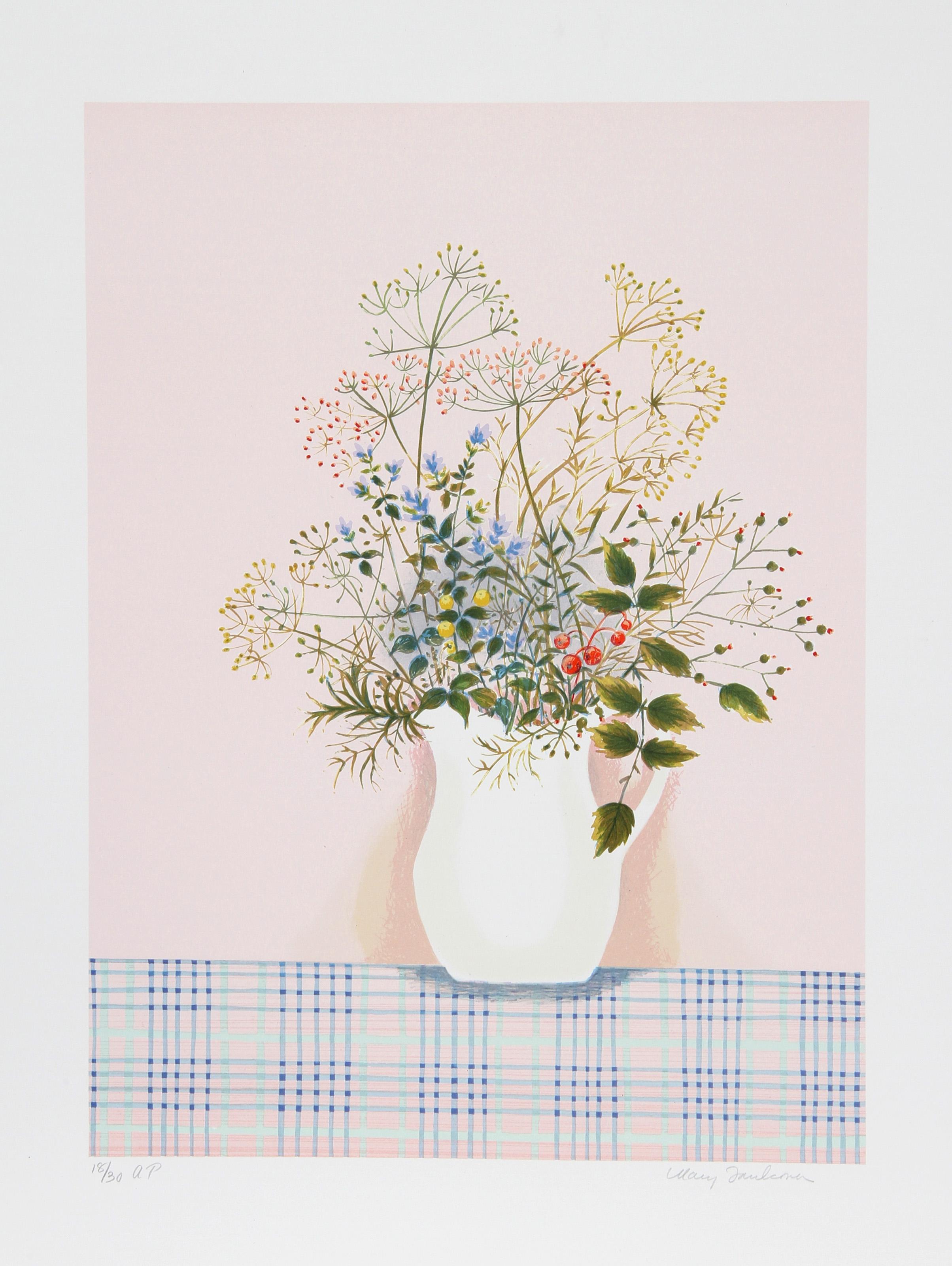 Mary Faulconer, estadounidense (1912 - 2011) - Hierbas sobre fondo rosa, Año:  hacia 1980, Medio:  Litografía, firmada y numerada a lápiz, Edición:  250, AP 35, Tamaño de la imagen:  20 x 14,5 pulgadas, Tamaño:  66,04 cm x 50,8 cm, Descripción: 