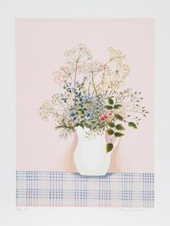 Hierbas sobre fondo rosa, litografía de arte popular de Mary Faulconer