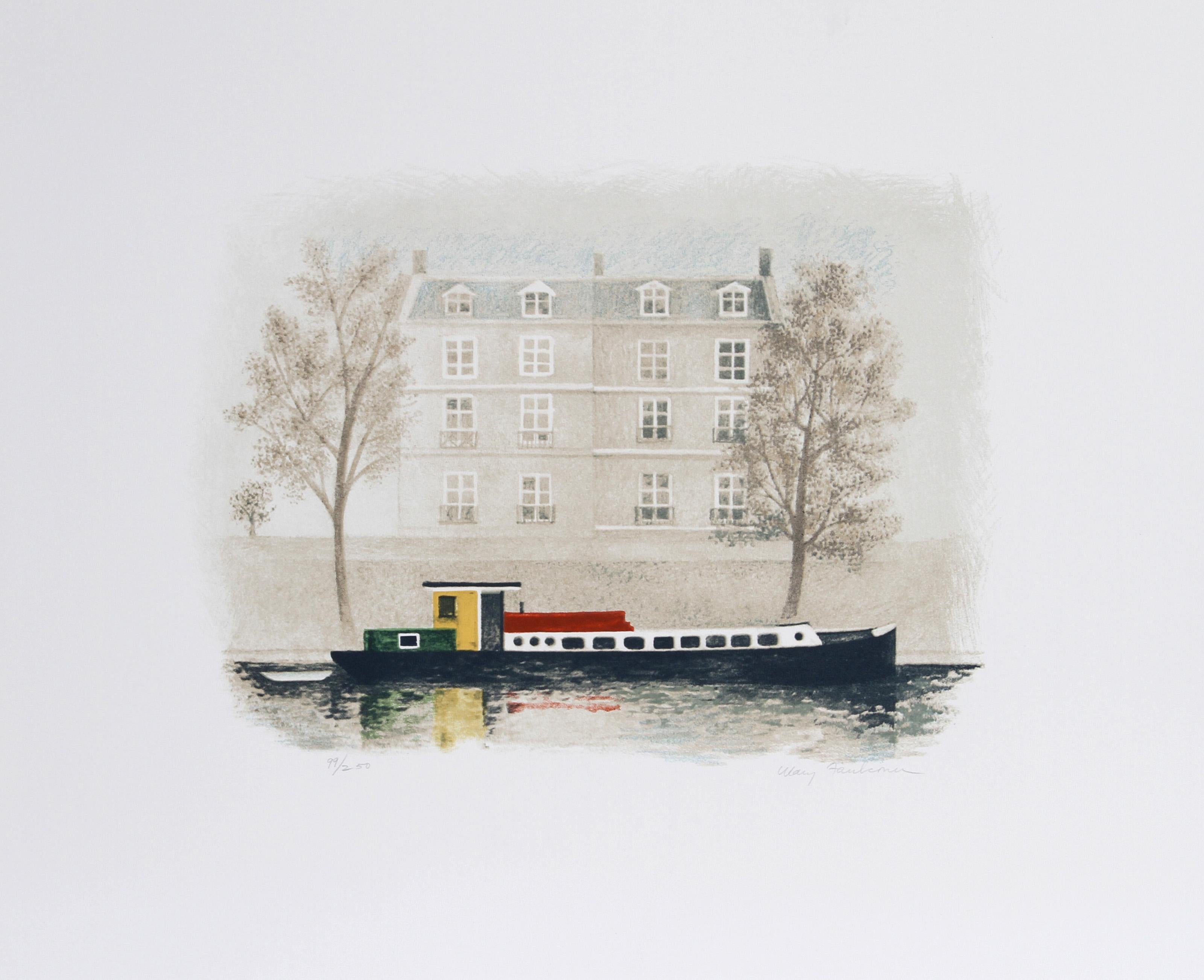 Mary Faulconer, americana (1912 - 2011) - Paris Barge, Anno:  1980, Medio:  Litografia, firmata e numerata a matita, Edizione:  250, Dimensioni immagine:  12,5 x 17,5 pollici, Dimensioni:  22.5 in. x 30 in. (57.15 cm x 76.2 cm), Descrizione: 