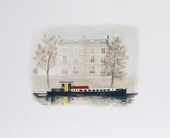 Paris Barge, Folk Art Lithograph by Mary Faulconer