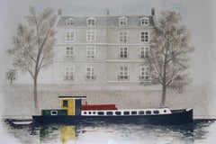 Framed Paris Barge Lithograph, 1970s Folk Art Print, Limited Edition