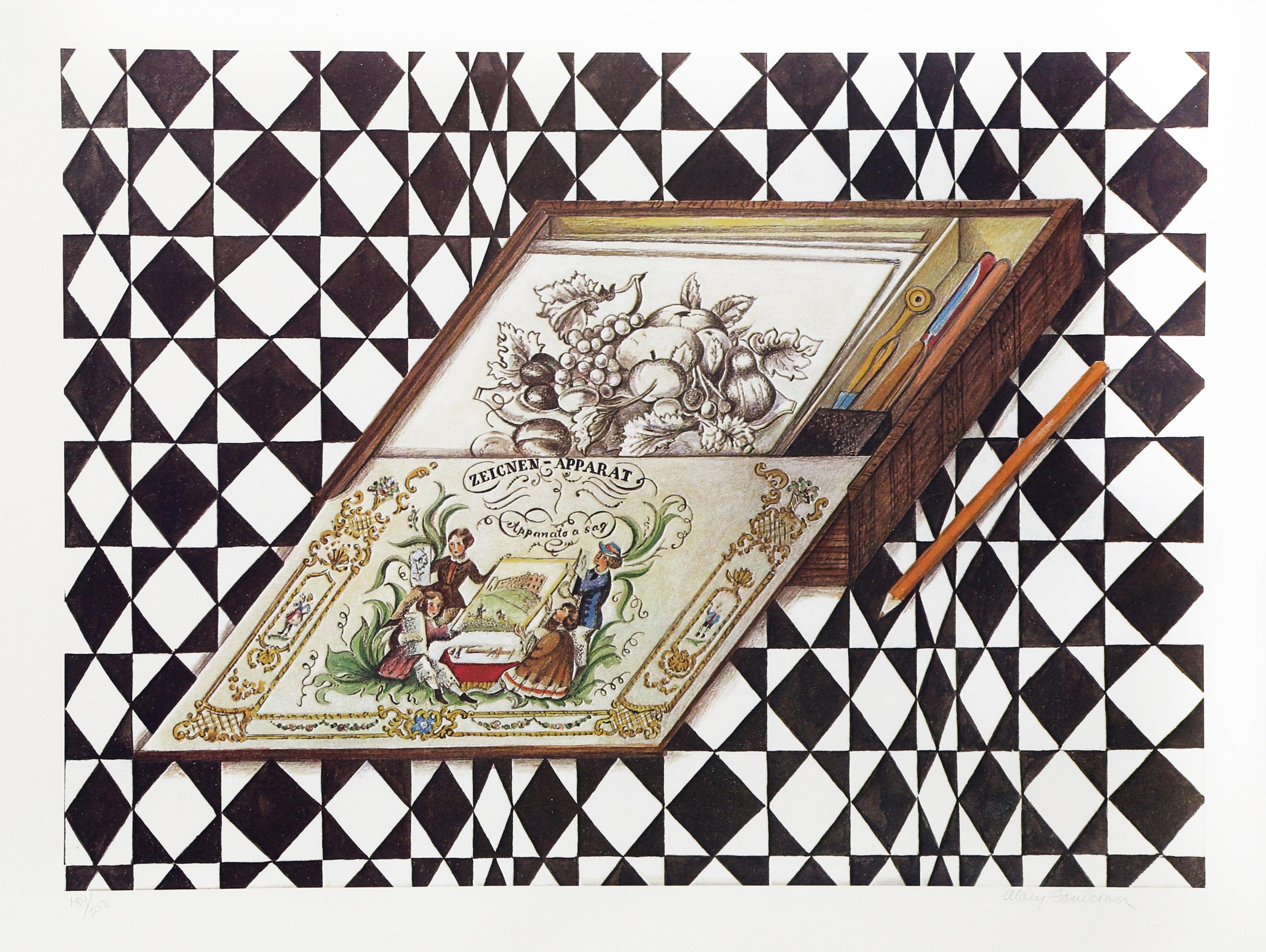 Scatola di matite, litografia folkloristica di Mary Faulconer
