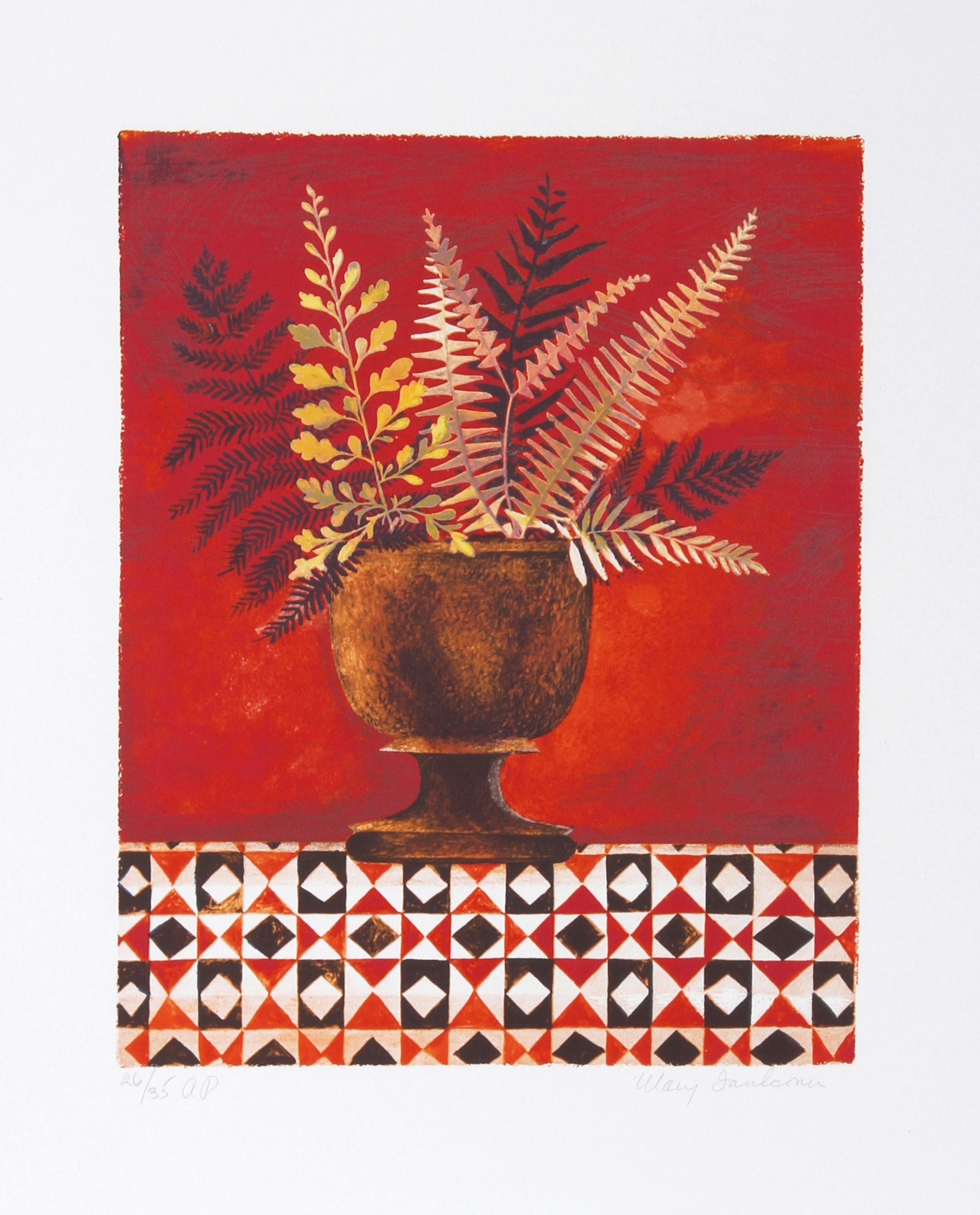 Mary Faulconer, americana (1912 - 2011) - Felci rosse, Anno:  1980, Medio:  Litografia, firmata e numerata a matita, Edizione:  250, Dimensioni immagine:  14 x 11 pollici, Dimensioni:  26 in. x 22.5 in. (66.04 cm x 57.15 cm), Descrizione:  Colorate