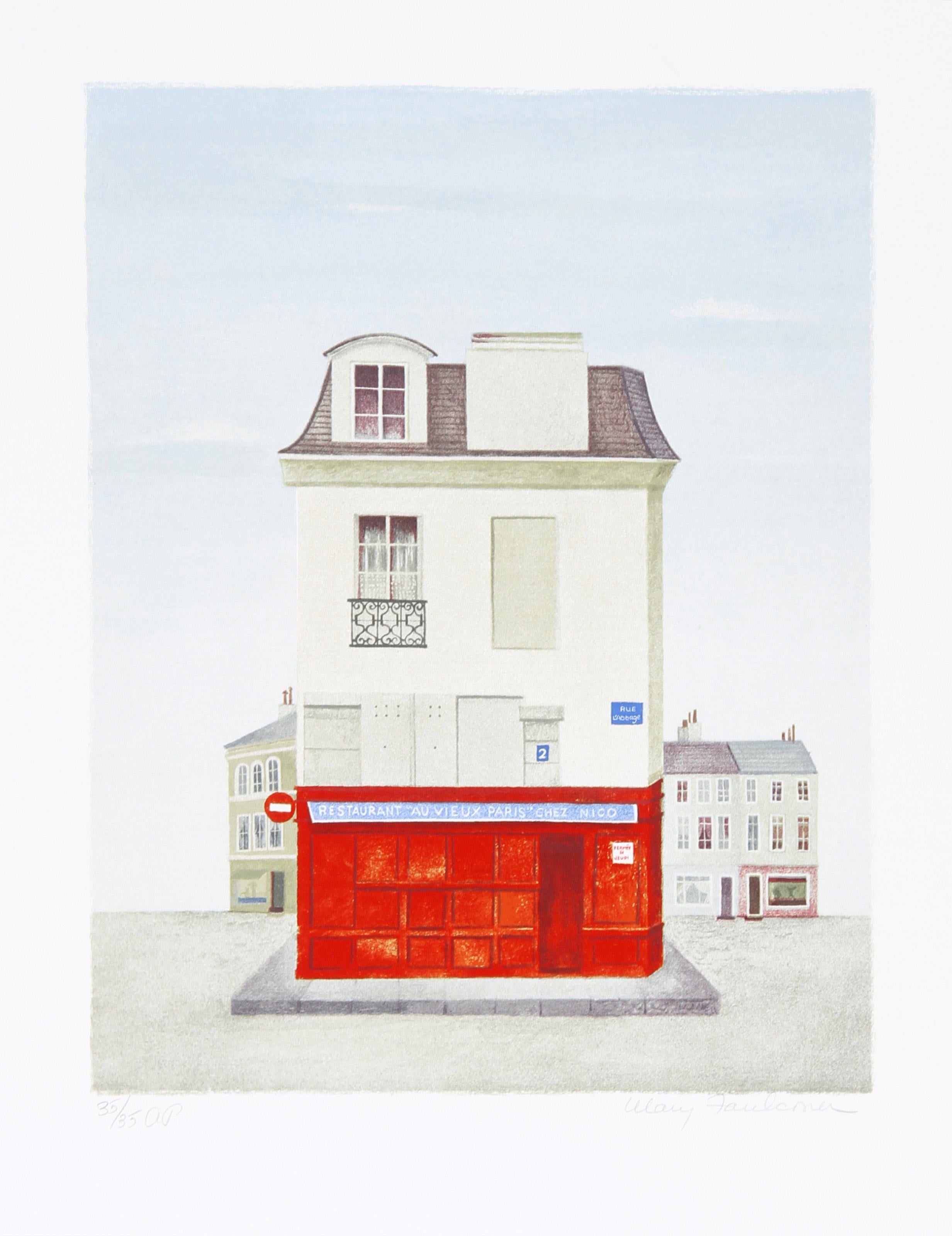 Mary Faulconer, americana (1912 - 2011) - Ristorante au Vieux Paris, Anno:  1980 circa, Medio:  Litografia, firmata e numerata a matita, Edizione:  250, AP 35, Dimensioni immagine:  14,5 x 11 pollici, Dimensioni:  22.5 in. x 18 in. (57.15 cm x 45.72