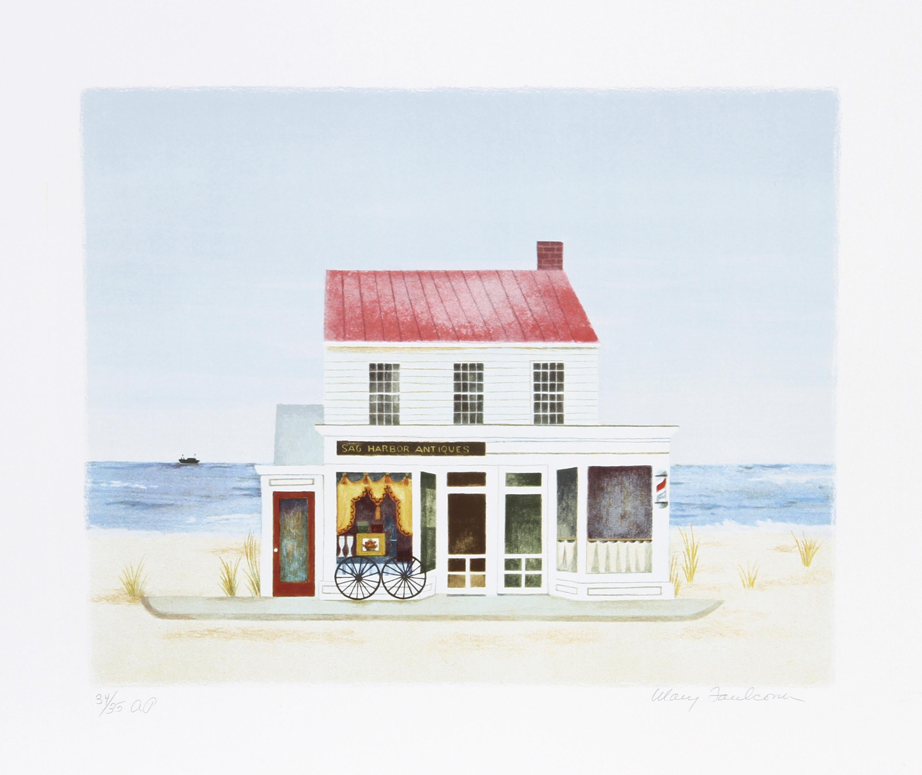 Mary Faulconer, americana (1912 - 2011) - Negozio di antiquariato di Sag Harbor, Anno:  1980 circa, Medio:  Litografia, firmata e numerata a matita, Edizione:  250, AP 35, Dimensioni immagine:  12 x 15,5 pollici, Dimensioni:  22.5 in. x 25 in.