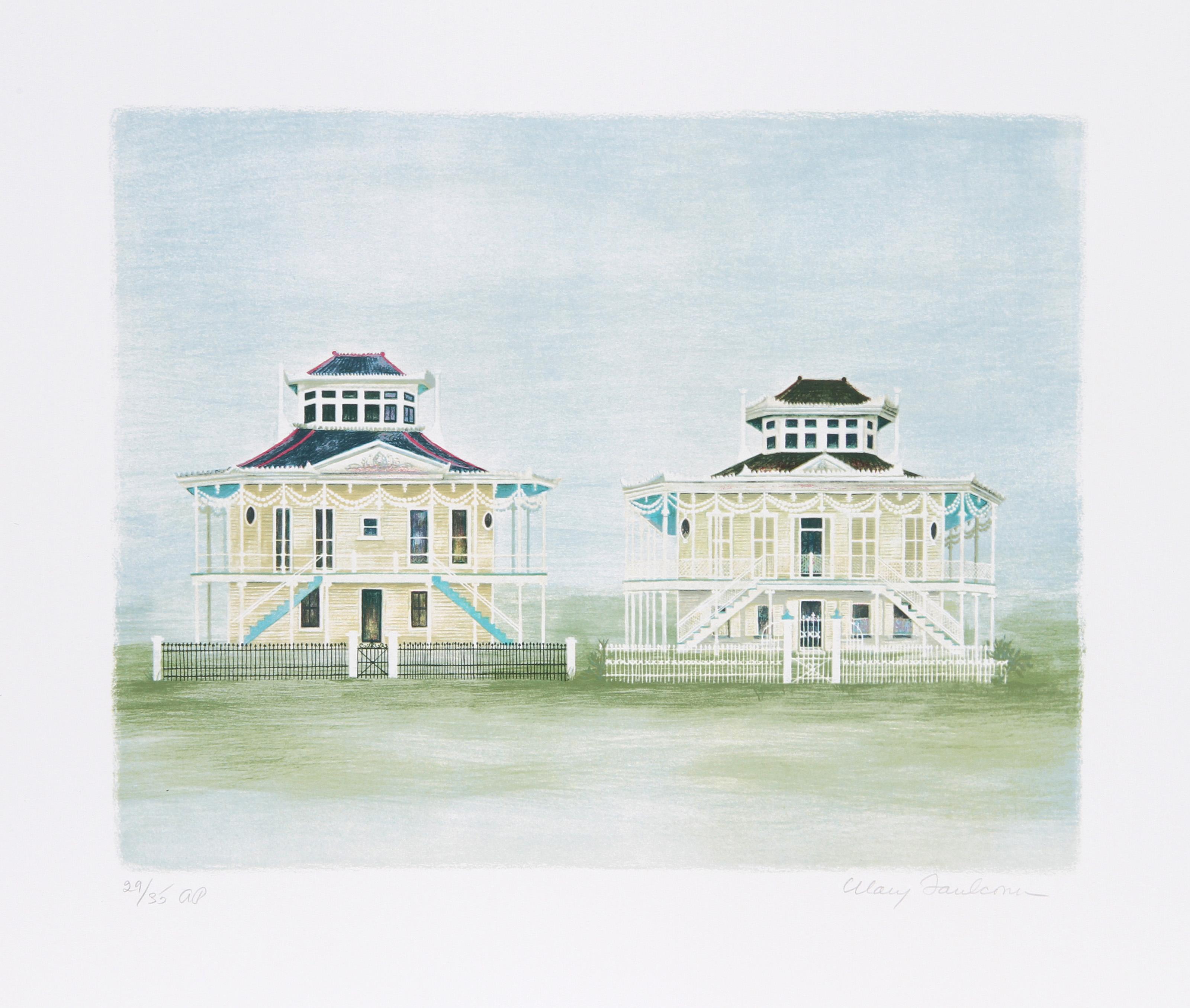 Mary Faulconer, Americana (1912 - 2011) - Case gemelle Mississippi, Anno:  CIRCA 1980, Medio:  Litografia, firmata e numerata a matita, Edizione:  250, AP 35, Dimensioni immagine:  14 x 17 pollici, Dimensioni:  22.5 in. x 26 in. (57.15 cm x 66.04