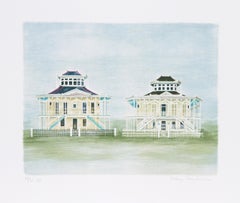 Twin Houses Mississippi, Folk Art Lithograph by Mary Faulconer