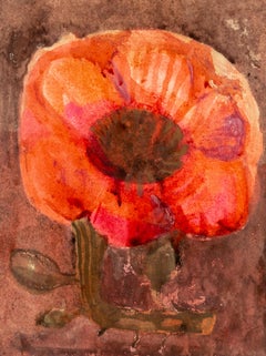 Rose, 1969 - Brown and Red Gouache Painting of Flower by Mary Fedden