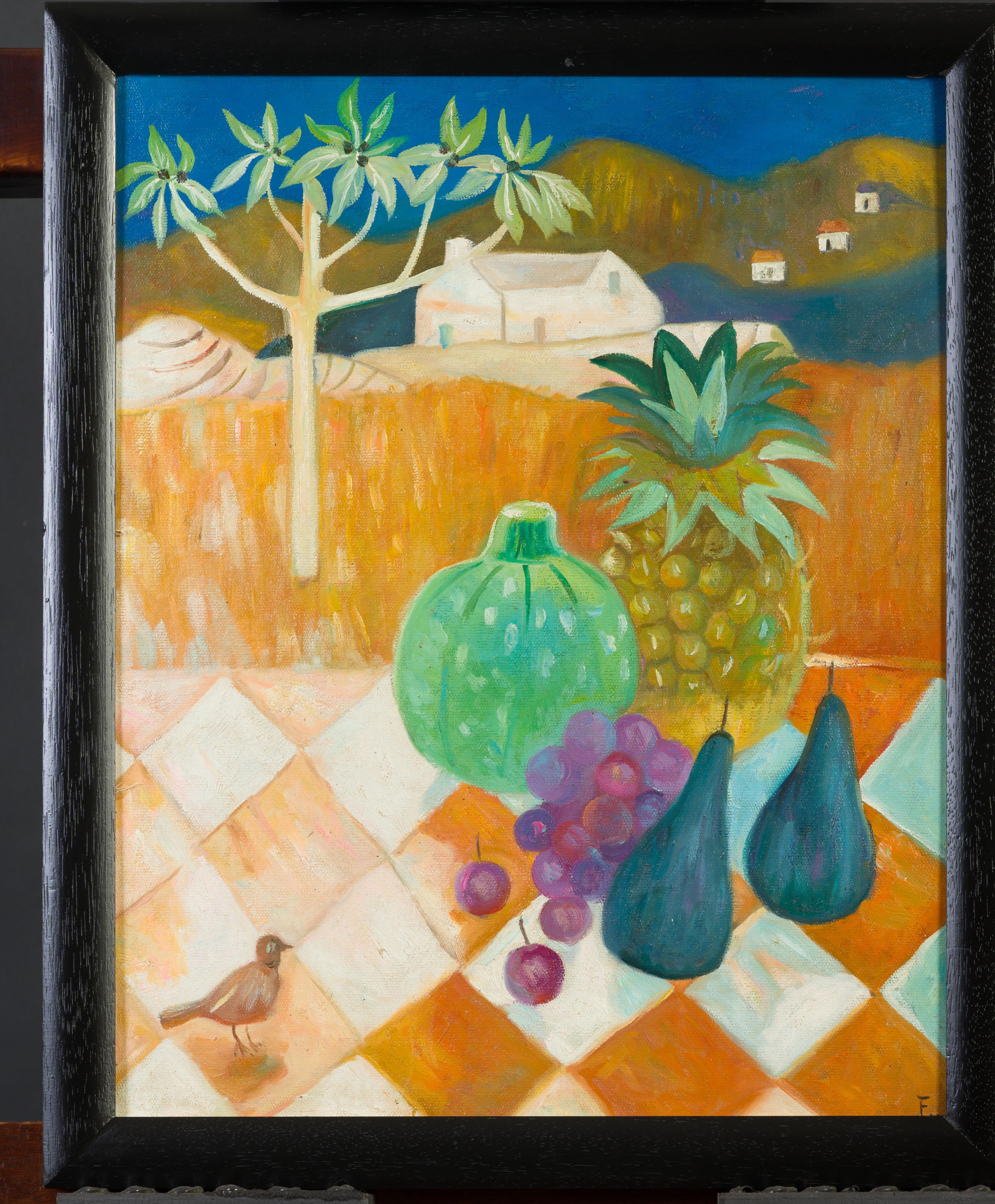 Still life with bird 1984 - Brown Still-Life Painting by Mary Fedden