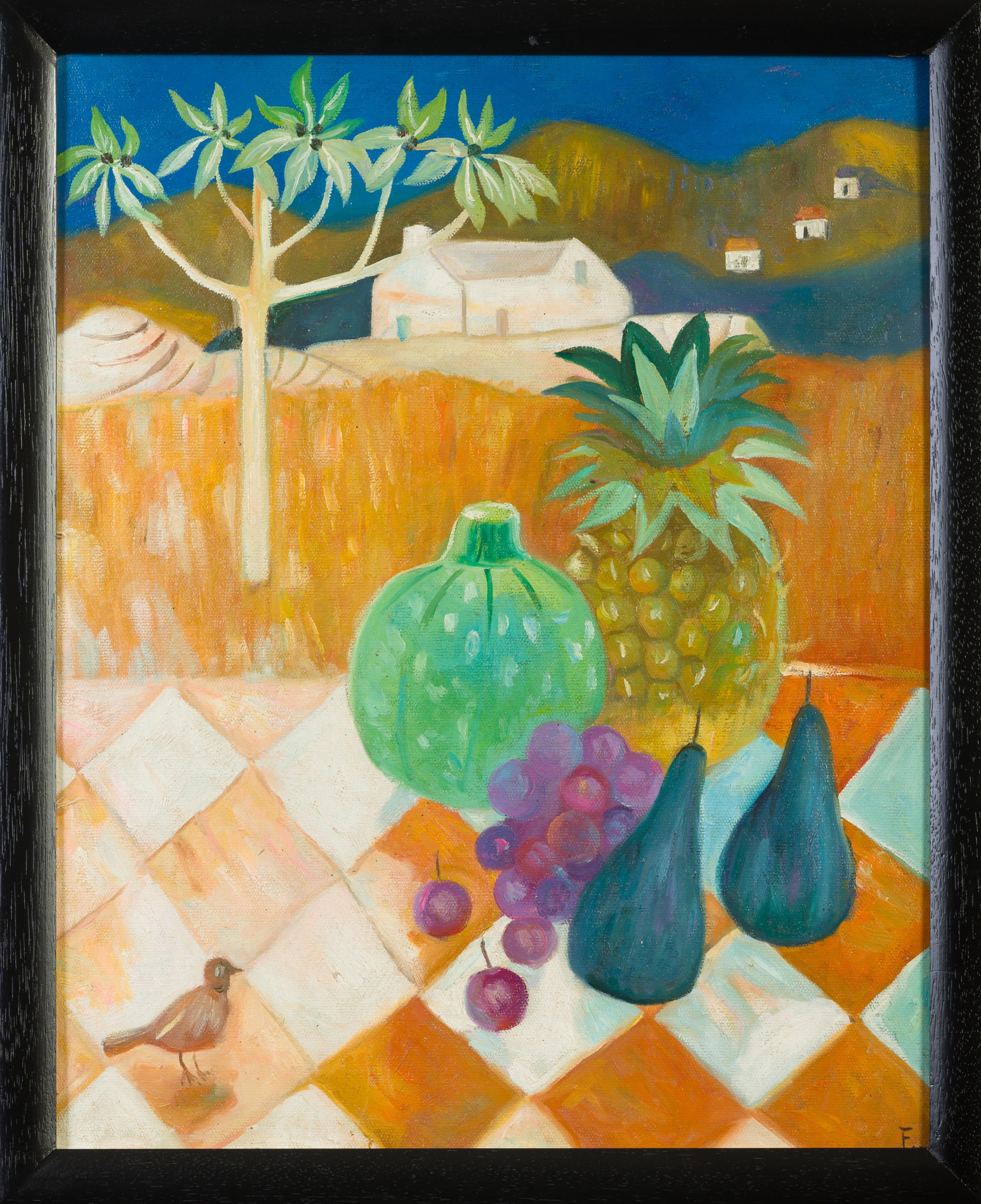 Still life with bird 1984 - Painting by Mary Fedden