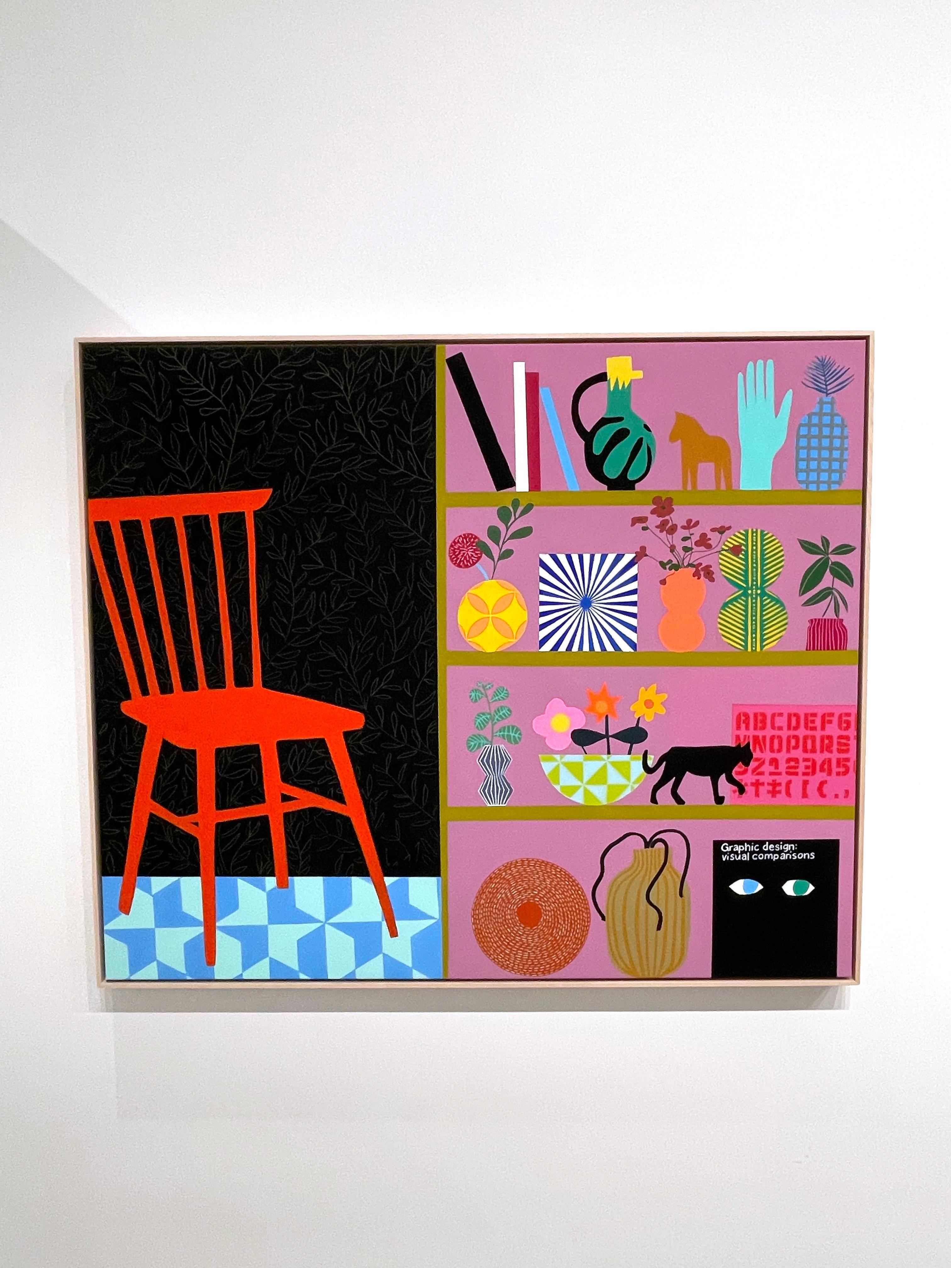 Bookshelf with Red Chair_2023_Mary Finlayson_Gouache/Canvas/Maple Frame_Interior 2