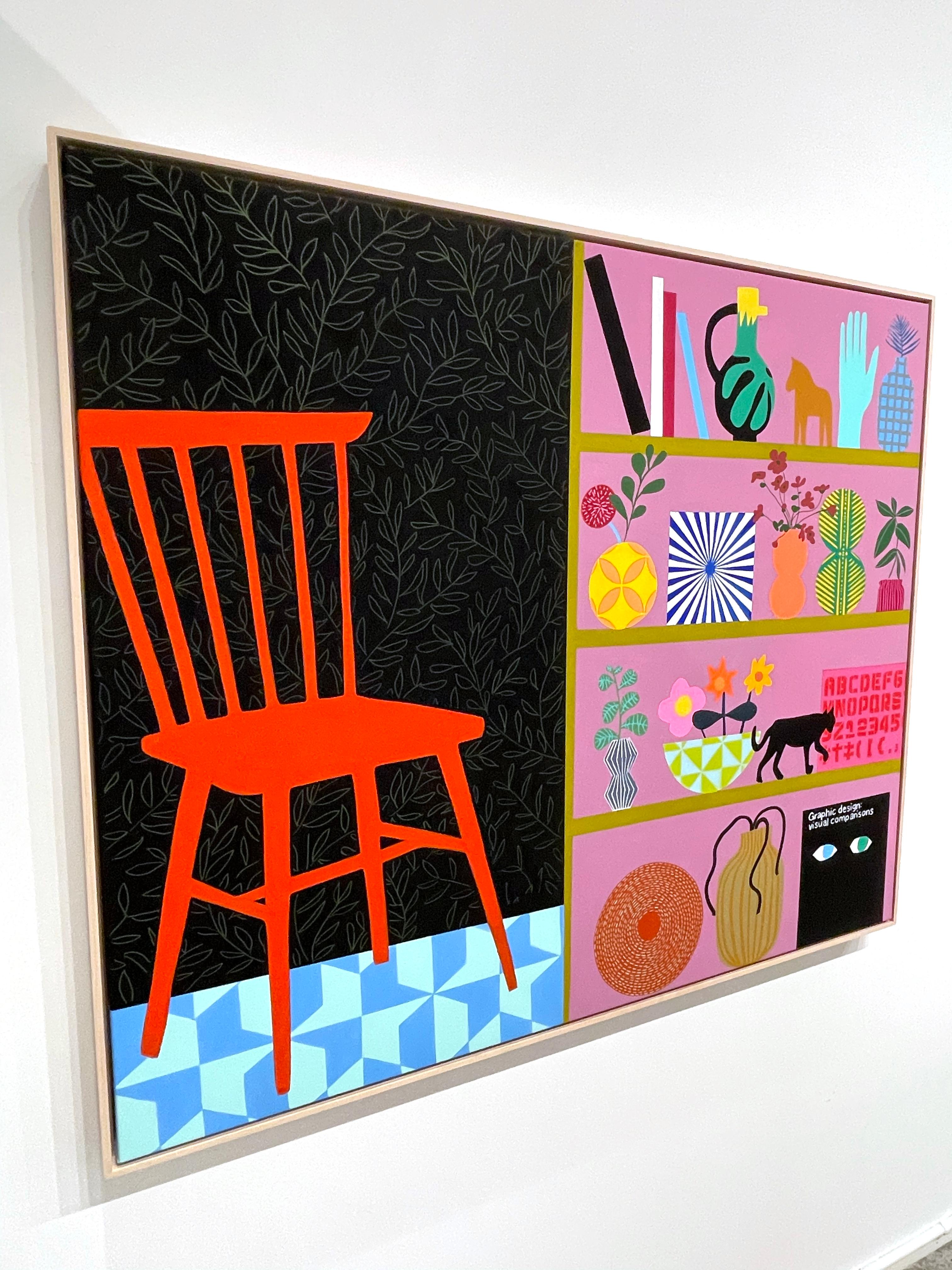 Bookshelf with Red Chair_2023_Mary Finlayson_Gouache/Canvas/Maple Frame_Interior 3
