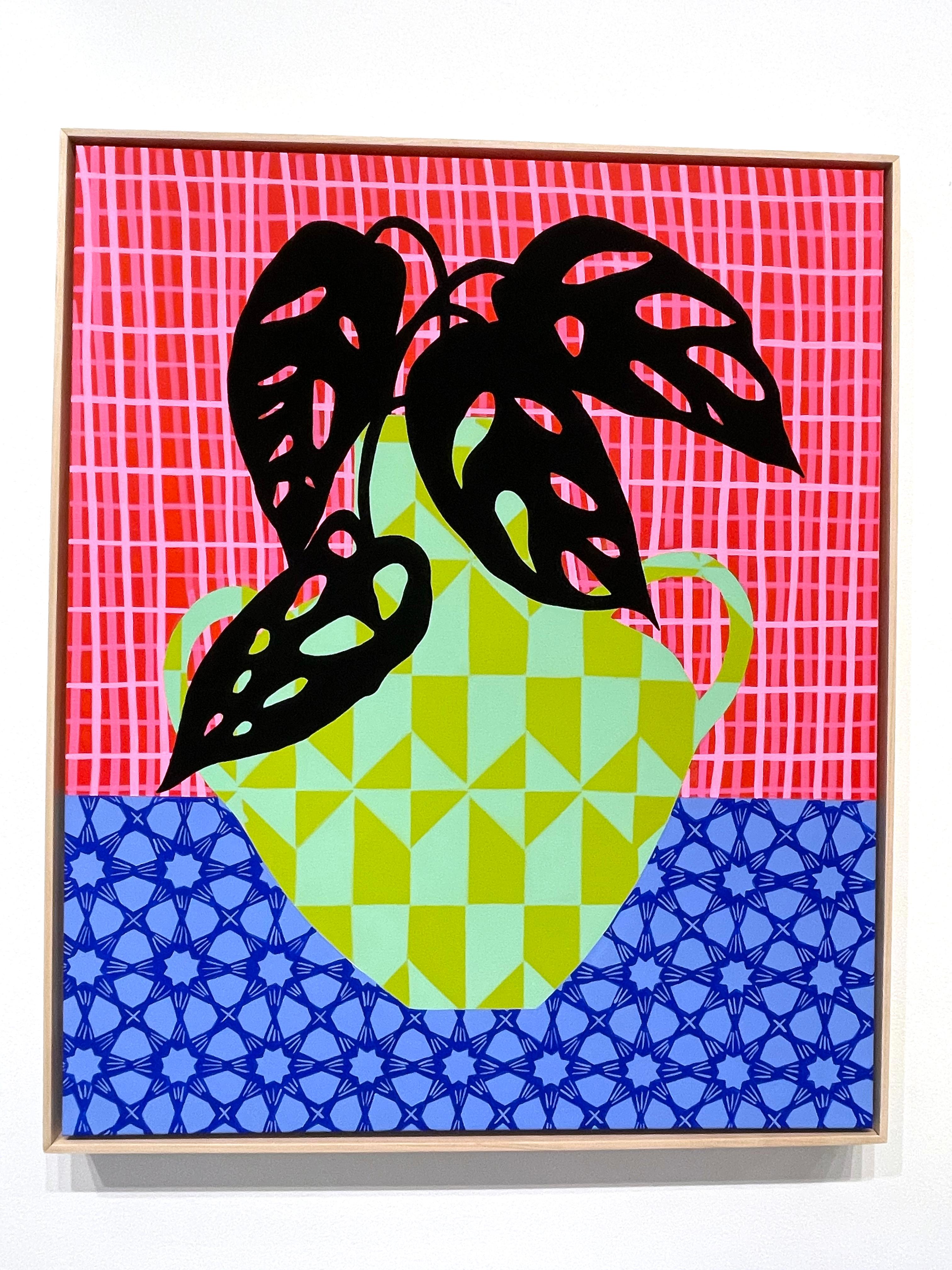 Jarrón verde con Monstera_Mary Finlayson_Gouache/Lienzo/Marco de arce_Floral en venta 2
