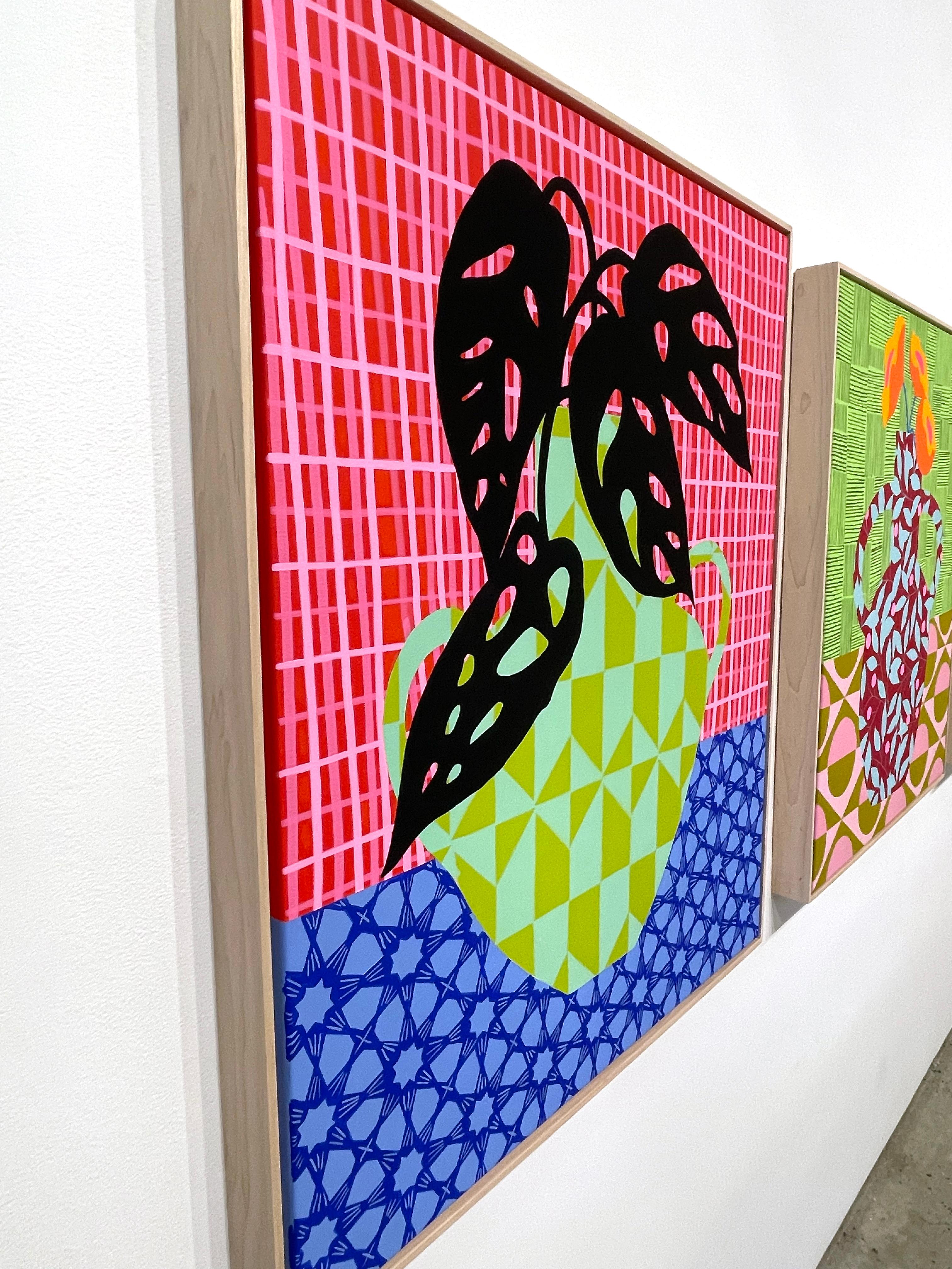 Jarrón verde con Monstera_Mary Finlayson_Gouache/Lienzo/Marco de arce_Floral en venta 5