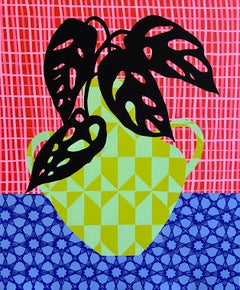 Grüne Vase mit Monstera_2023_Mary Finlayson_Gouache/Canvas/Maple-Rahmen_Floral