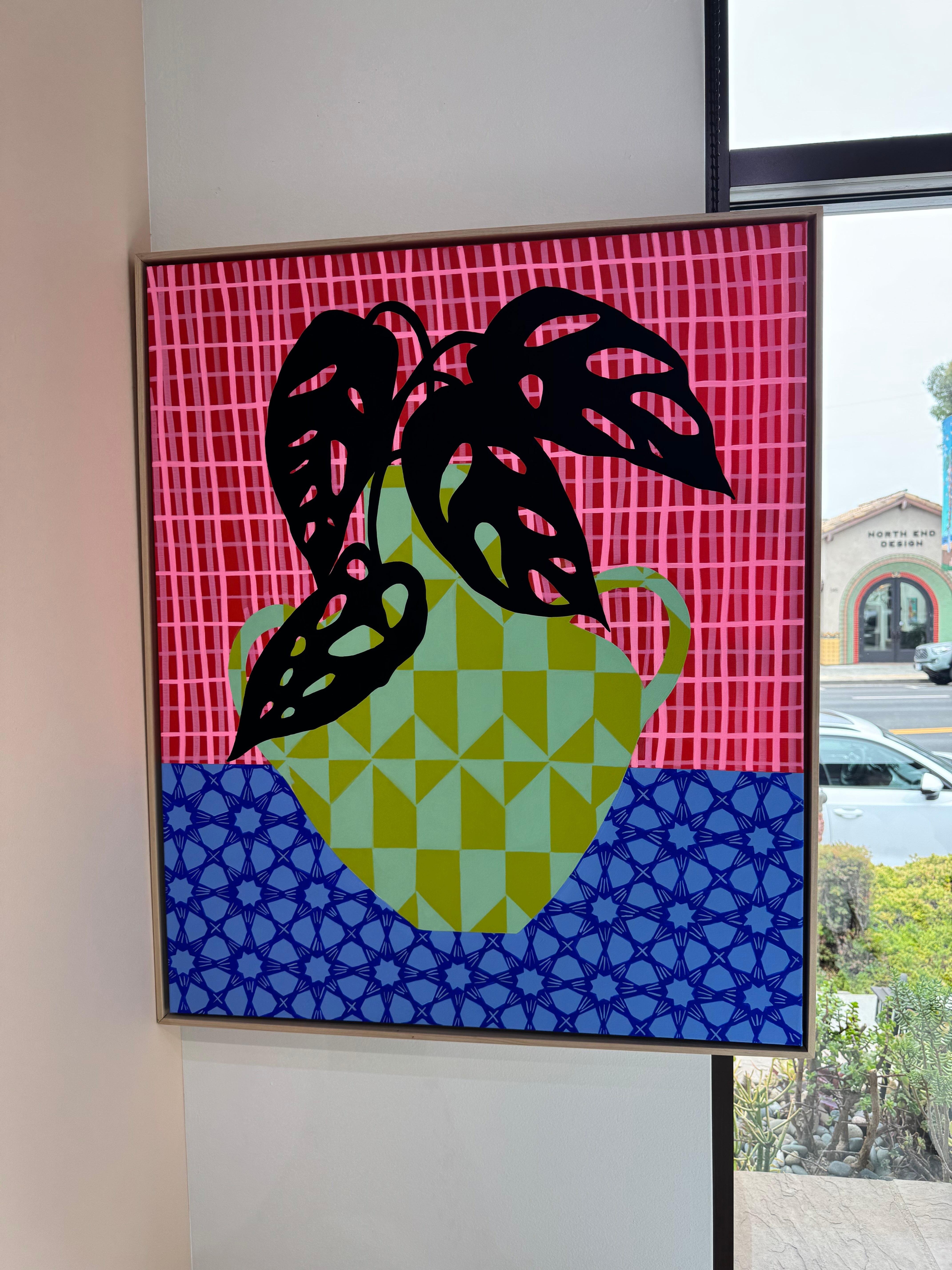 Green Vase with Monstera_Mary Finlayson_Gouache/Canvas/Maple Frame_Floral For Sale 10