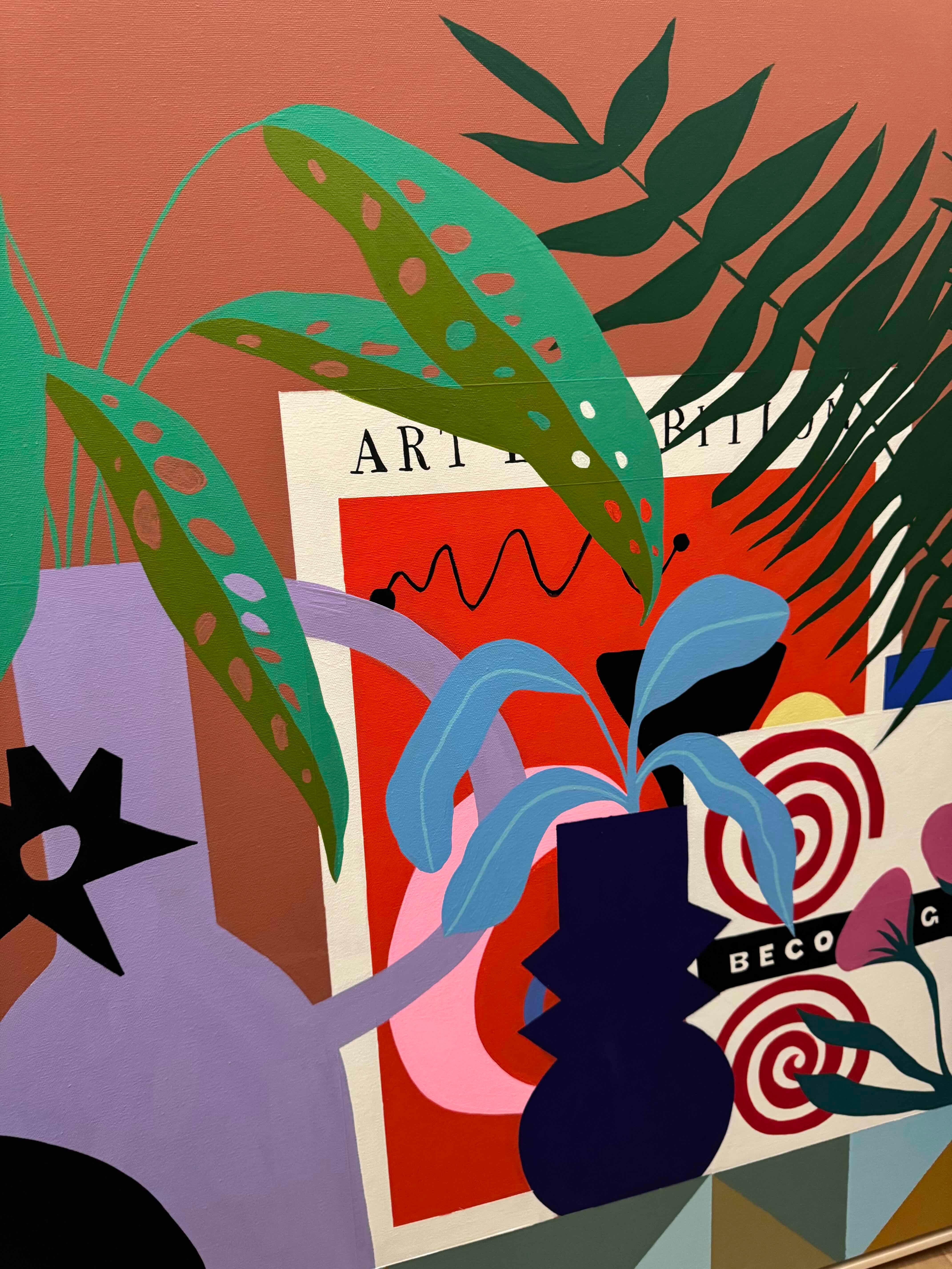 Shelf with Books and Pink Poppies by Finlayson, Gouache/Canvas, Floral, Patterns For Sale 5